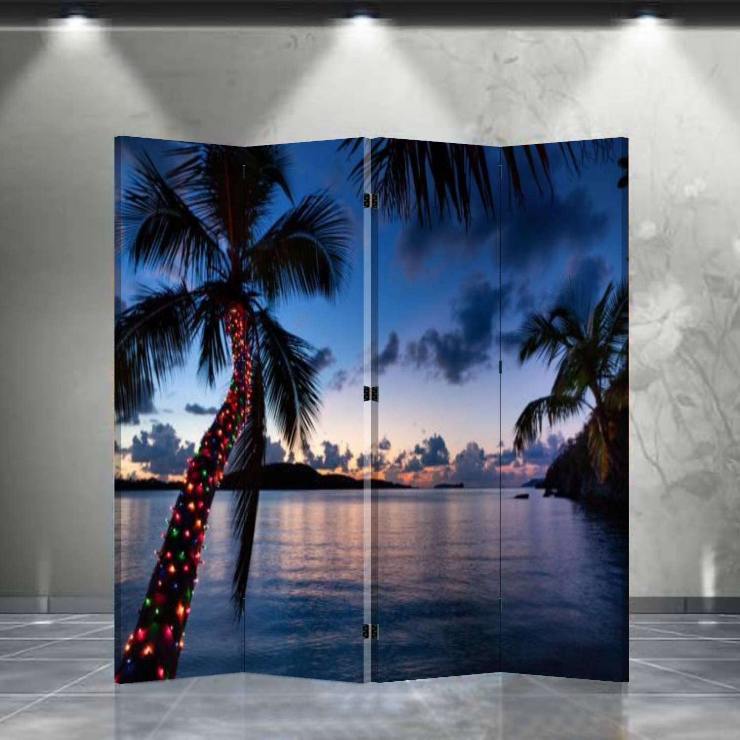 4 Panel Folding Room Divider with Palm Tree & Christmas Lights - Tropical Beach Themed Freestanding Privacy Screen for Home, Office, Bedroom | Perfect for Creating Private Spaces, Party Decor & Seasonal Celebrations