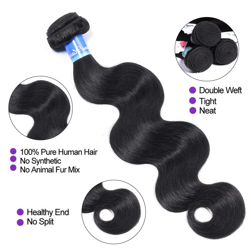 10A Brazilian Body Wave Human Hair Bundles with Frontal (16 18 20+14) - 100% Unprocessed Virgin Hair Extensions for Length & Volume - Perfect for Daily Wear, Parties & Special Occasions