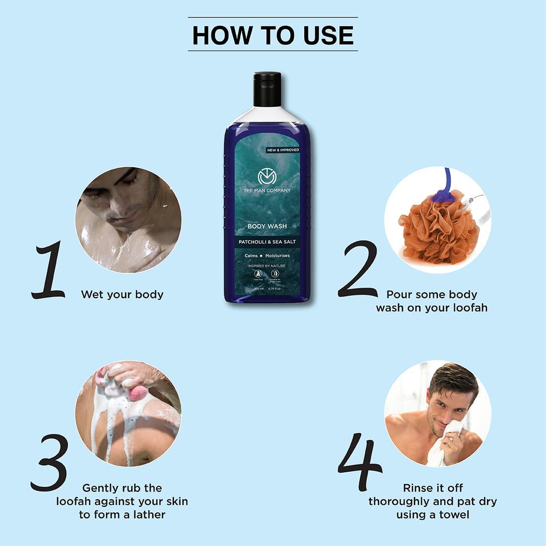 Patchouli & Sea Salt Scented Body Wash for Men - 200ml | Deep Moisturizing Shower Gel with Green Tea, Turmeric & Moringa Extracts | Smooth Skin Care | Perfect for Daily Shower & Post-Workout Refreshment