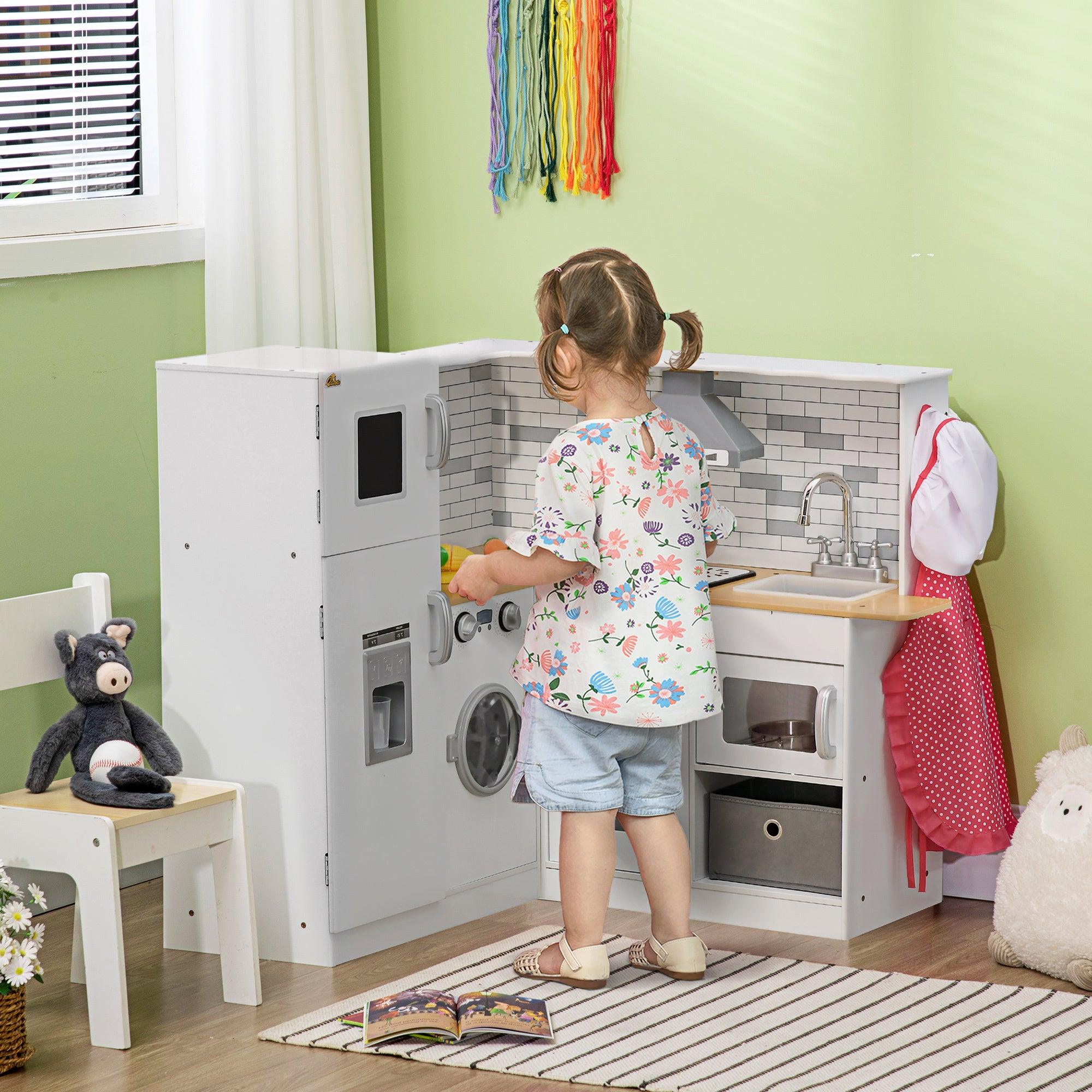 **Large Wooden Play Kitchen Set for Kids Ages 3-6 – Interactive Corner Kitchen with Sound Effects, Spacious Countertop, Washing Machine, Food Toys & Ice Maker – Perfect for Pretend Play, Birthday Gifts & Daycare Fun (White)**