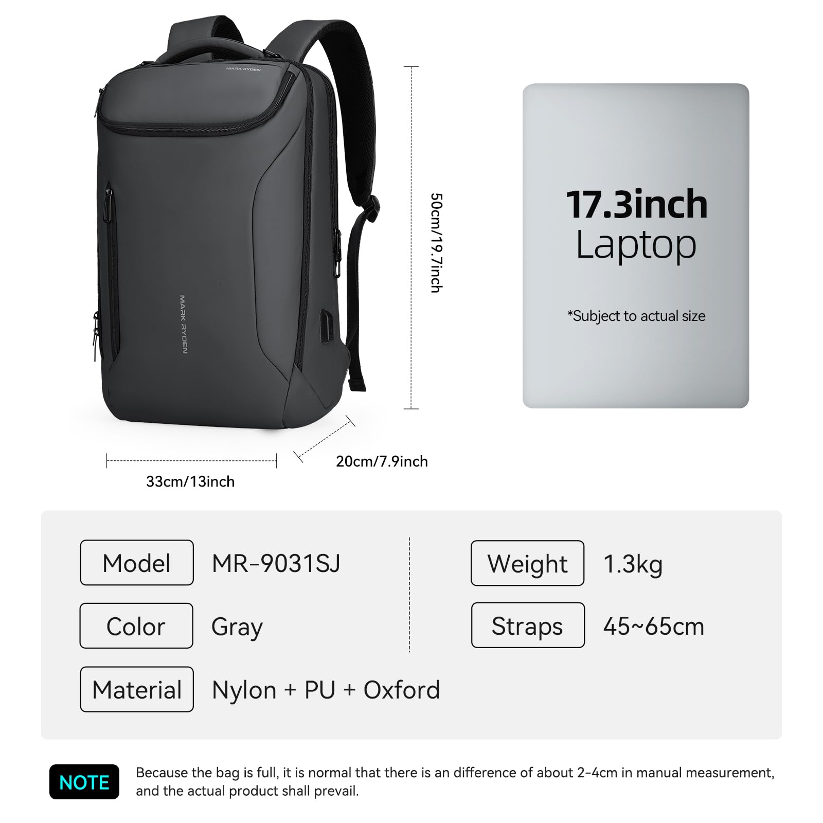 MARK RYDEN Men's Waterproof Business Backpack with USB Charging Port - Stylish Sport Car Design Laptop Backpack for Work & Travel - Fits 17.3 Inch Notebook - Perfect for Office, Commuting & Business Trips