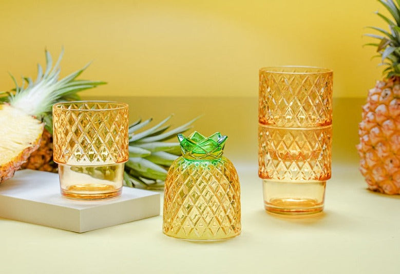 Pineapple Stackable Glass Cup Set - 4-Piece Shatterproof Tumblers for Smoothies, Cocktails & Iced Coffee - Perfect for Pool Parties, Beach Vacations & Summer BBQs