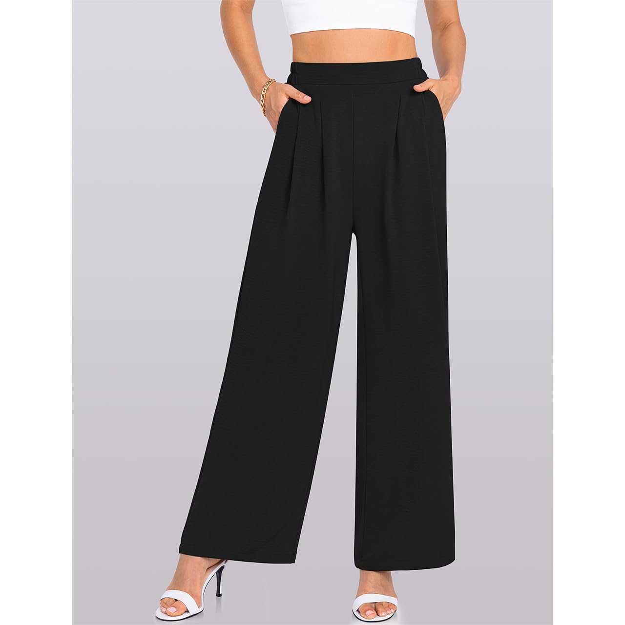 TARSE Women's Wide Leg Dress Pants - High Waisted Elastic Business Casual Palazzo Trousers with Pockets | Perfect for Office Work, Professional Meetings & Stylish Everyday Wear