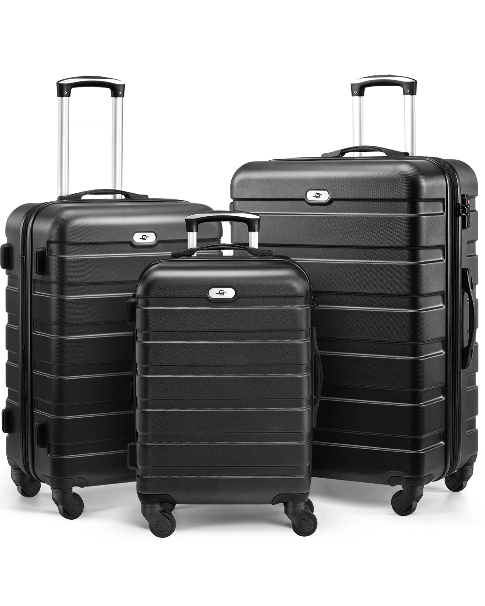Suitour 3-Piece Hardside Lightweight Luggage Set with Spinner Wheels & TSA Lock - 20/24/28 Inch Black Travel Suitcases for Business Trips, Vacations & Family Getaways