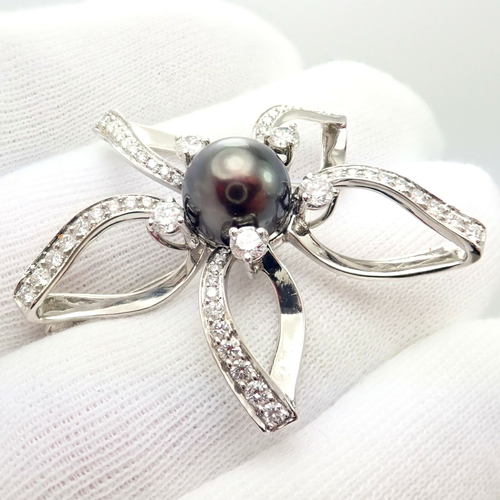 Authentic Mikimoto Platinum Diamond Tahitian South Sea Pearl Brooch Pin - Luxury Pearl Jewelry for Women, Elegant Gift for Special Occasions, Perfect for Weddings, Anniversaries and Formal Events