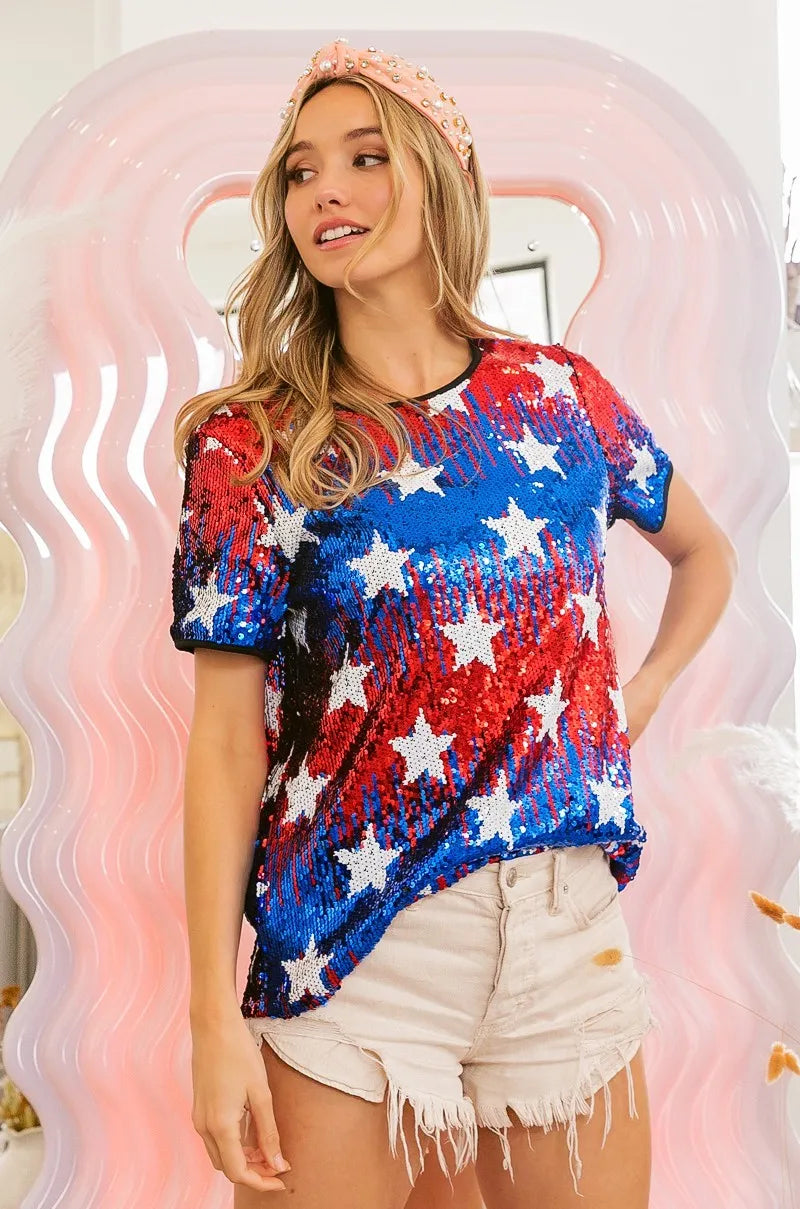 BiBi American Flag Star Sequin Top for Women | Patriotic Party Outfit | Perfect for 4th of July, Independence Day & Festive Celebrations