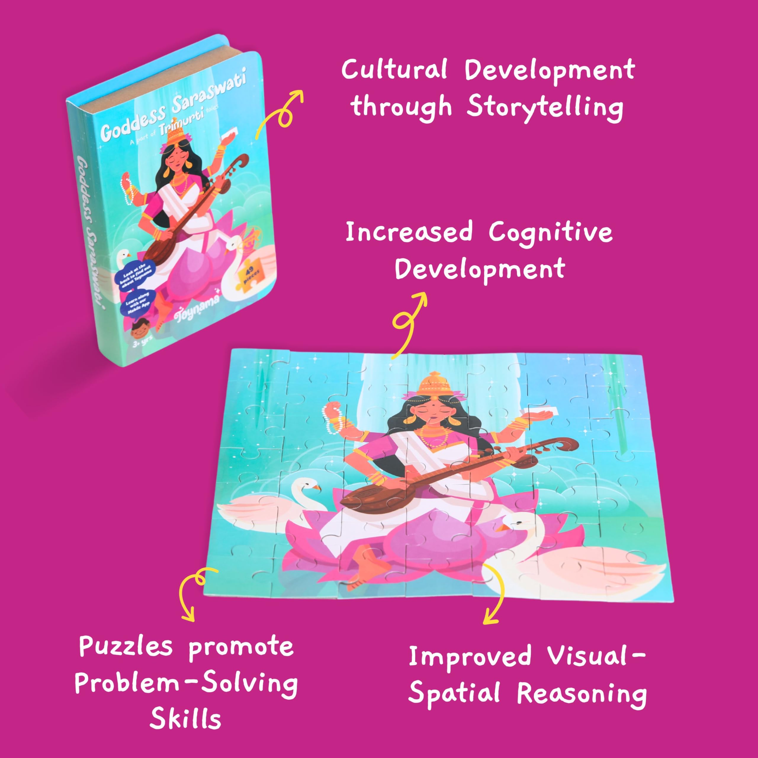 Toynama 49-Piece Saraswati Jigsaw Puzzle for Kids Ages 3+ | Educational Cultural Learning Toy with Interactive App | Perfect for Preschool Learning, Family Game Night & Indian Festival Activities