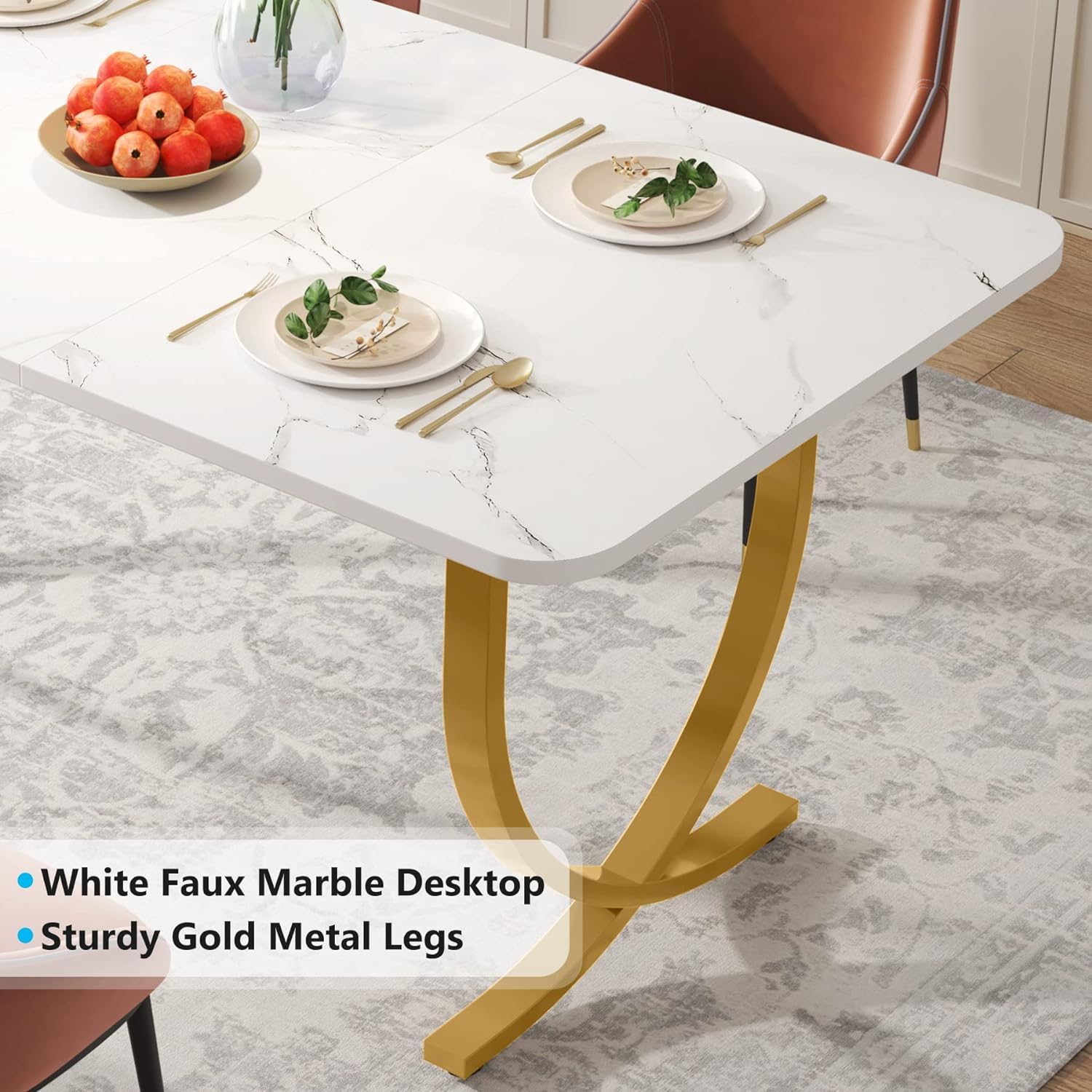 Tribesigns 63-Inch White and Gold Modern Rectangular Dining Table for 4-6 People - Faux Marble Table Top with Sturdy Metal Legs - Perfect for Dining Room, Kitchen or Living Room - Ideal for Family Meals, Entertaining Guests & Home Office Workspace