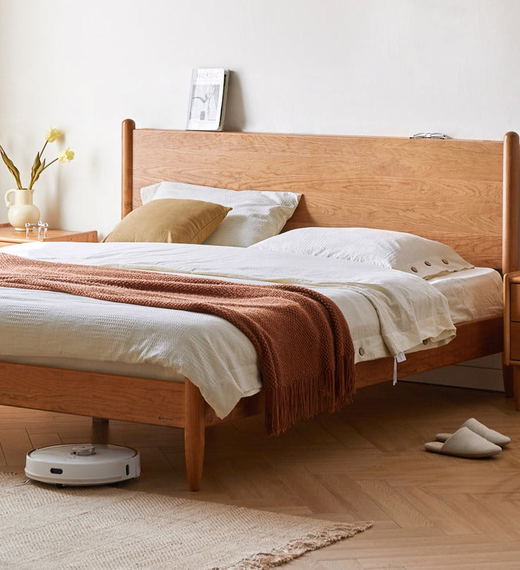 Solid Oak, Black Walnut & Cherry Wood Bed Frame - Handcrafted Queen Size Wooden Bed with Sturdy Slat Support - Perfect for Master Bedroom, Guest Room or Rustic Cabin Decor