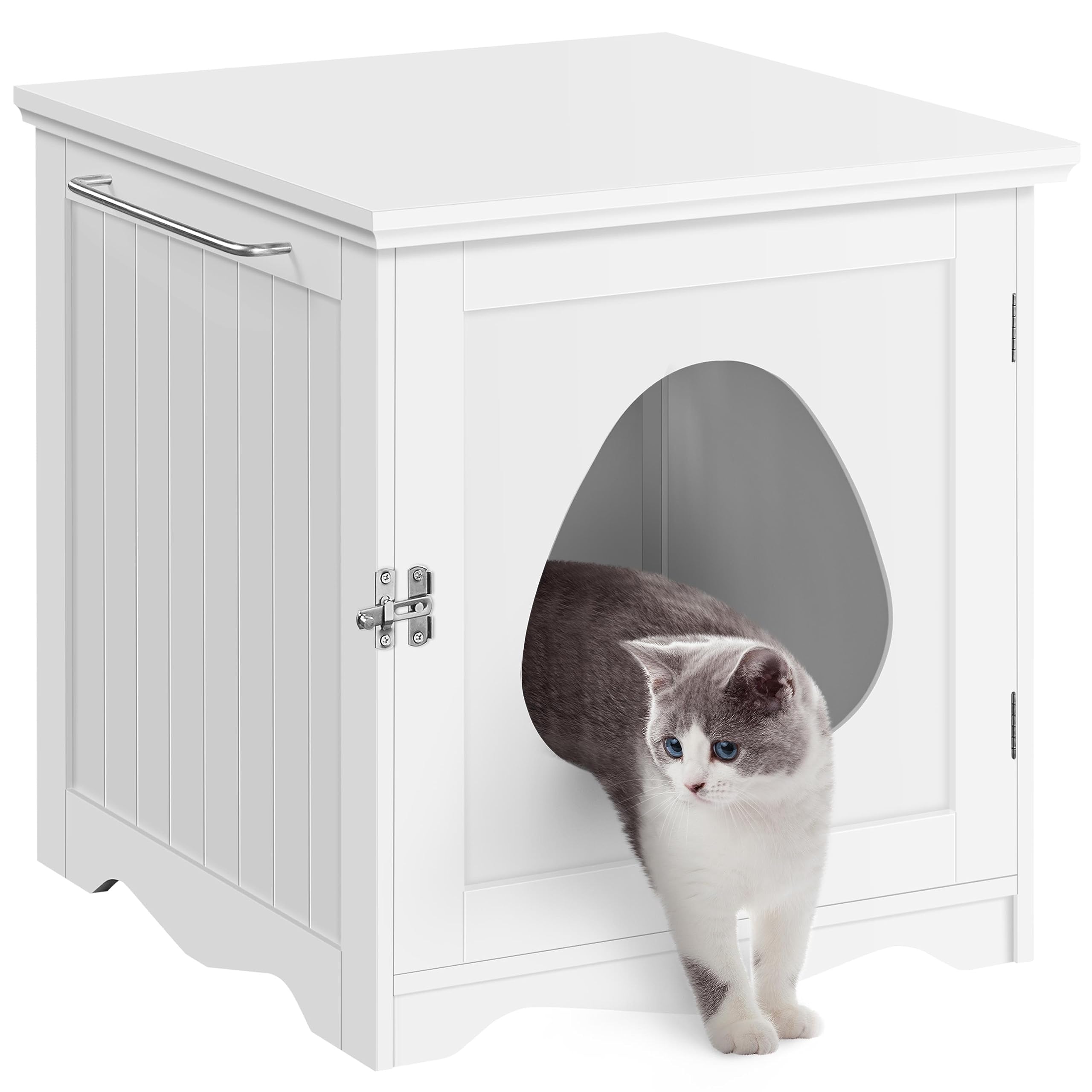 Yaheetech Wooden Cat Litter Box Enclosure Furniture with Towel Bar - Hidden Litter Box Cabinet, Dog Proof Indoor Cat House & Side End Table in White - Perfect for Small Spaces & Pet-Friendly Home Decor