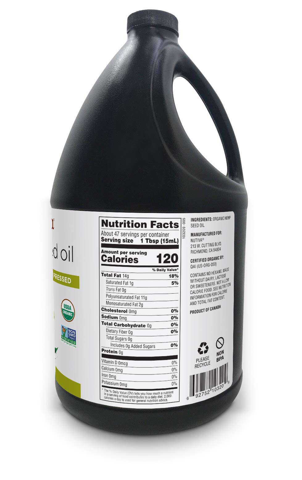 Nutiva Organic Cold-Pressed Unrefined Raw Hemp Seed Oil, 1 Gallon - USDA Organic, Non-GMO, Vegan, Keto & Gluten-Free - Rich in Omega 3 & 6 Fatty Acids - Perfect for Salad Dressings, Smoothies & Skin Care