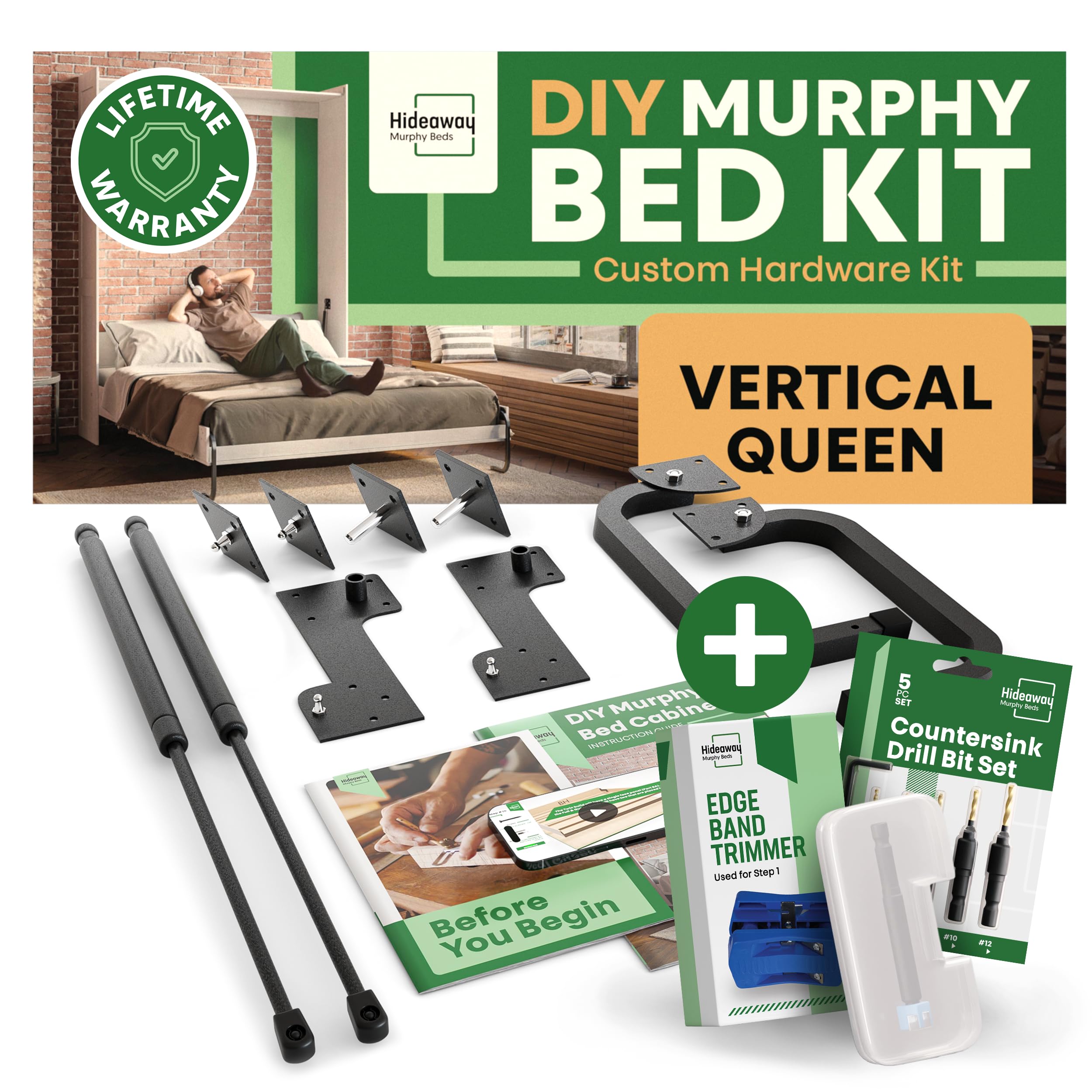 Queen Size DIY Murphy Bed Kit - Vertical Wall Bed Hardware & Frame with Deluxe Mechanism | Includes Bonus Tools for Easy Installation | Perfect for Small Spaces, Guest Rooms & Home Offices