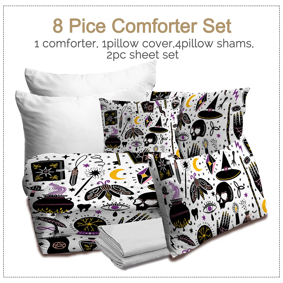 BlessLiving Witchcraft Queen 8-Piece Halloween Comforter Set - All Season Down Alternative Bedding with Comforter & Sheets for Adults, Men & Women | Gothic Bedroom Decor for Spooky Season & Witch-Themed Rooms