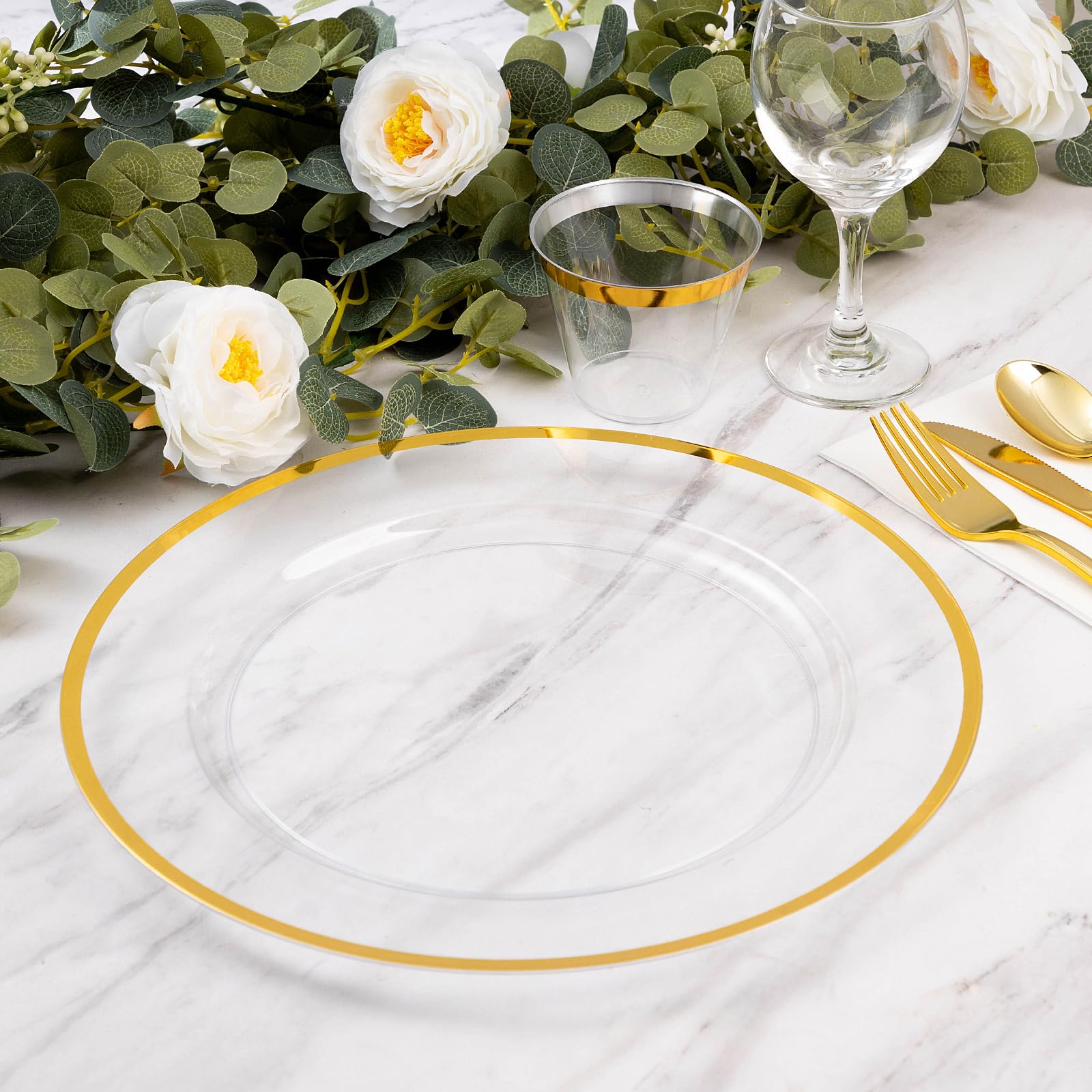 Goodluck 12 Inch Gold Charger Plates - 50 Pack Disposable Plastic Dinner Plates with Elegant Gold Trim for Weddings, Parties & New Year Celebrations - Perfect for Formal Dining, Buffet Service & Special Events