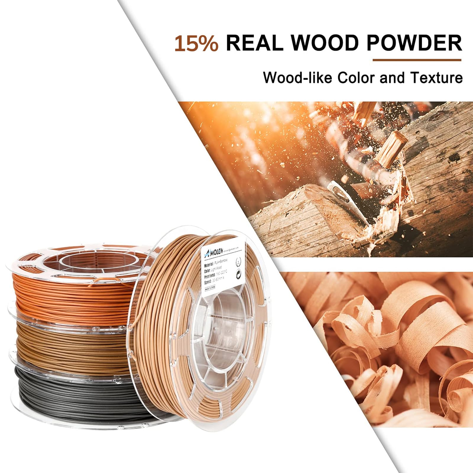 AMOLEN 3D Printer Wood PLA Filament Bundle - 1.75mm, 200g x 4 Spools (Walnut, Cherry, Bamboo, Ebony) for Creative 3D Printing Projects, Home Decor & DIY Crafts