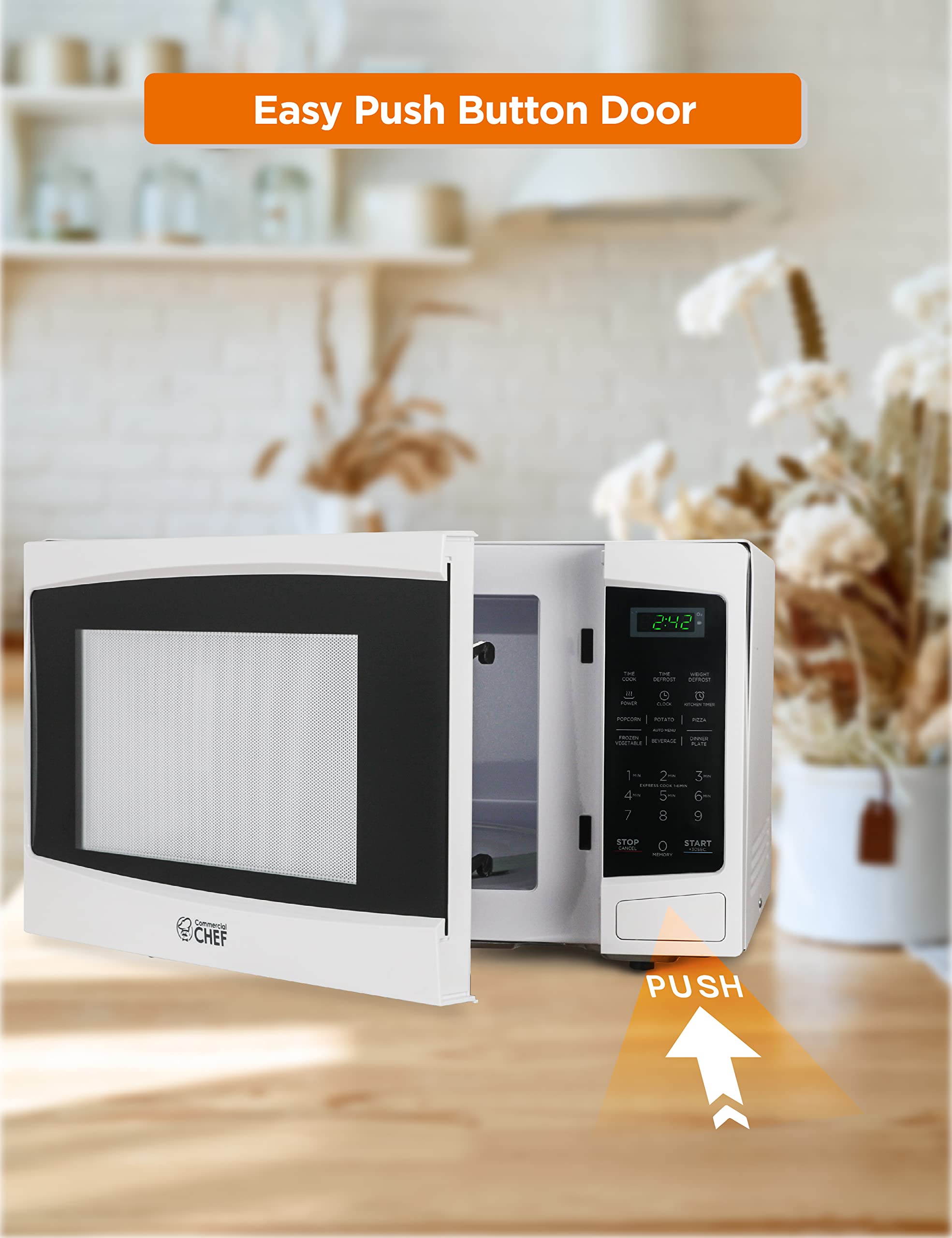 Commercial Chef 1.1 Cu Ft 1000W Countertop Microwave Oven - 10 Power Levels, Push Button Door Lock, Digital Controls & Turntable - Perfect for Home Kitchen, Office, Dorm & Small Spaces (White)