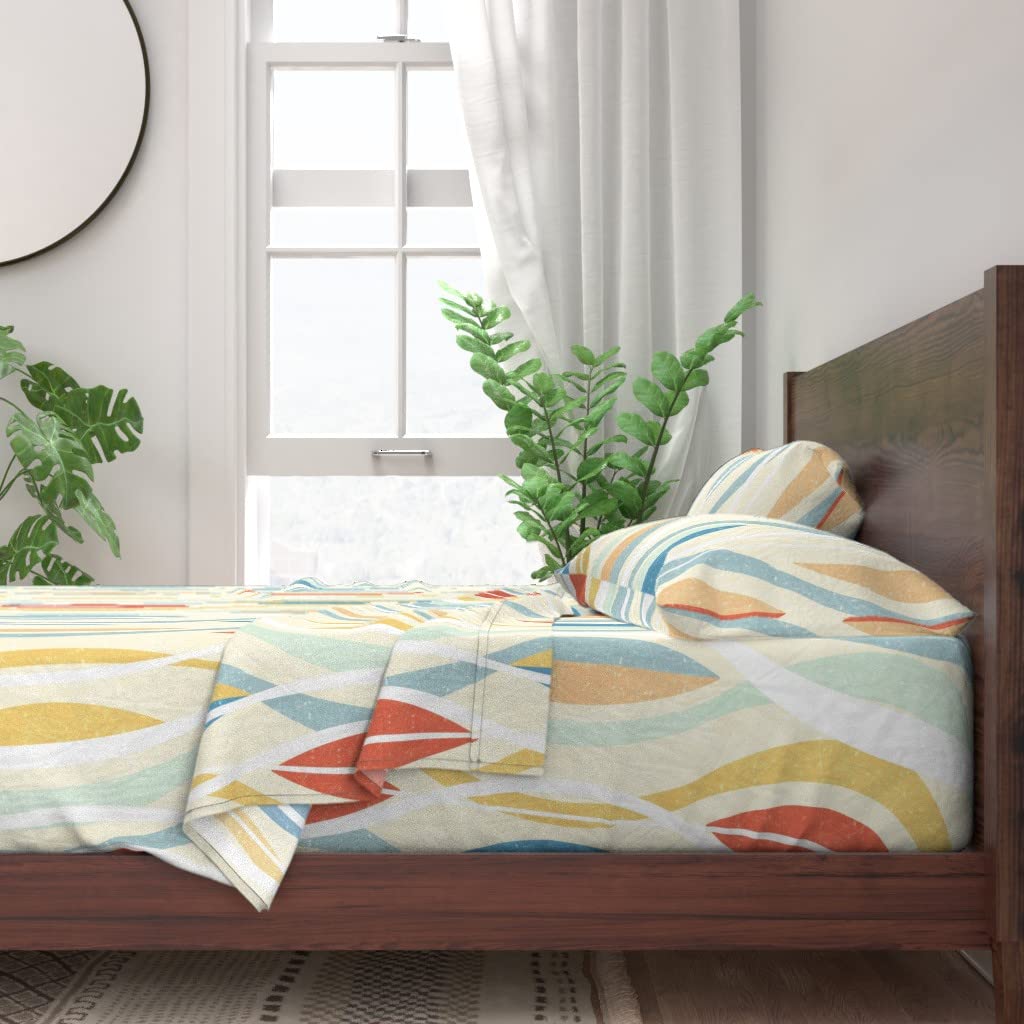 Vintage Minimalist Cotton Twin Sheet Set - 3pc 100% Cotton Bedding with Retro Modern Print in Cream, Blue, Yellow & Red | Perfect for Guest Rooms, Dorm Decor & Boho Chic Bedrooms