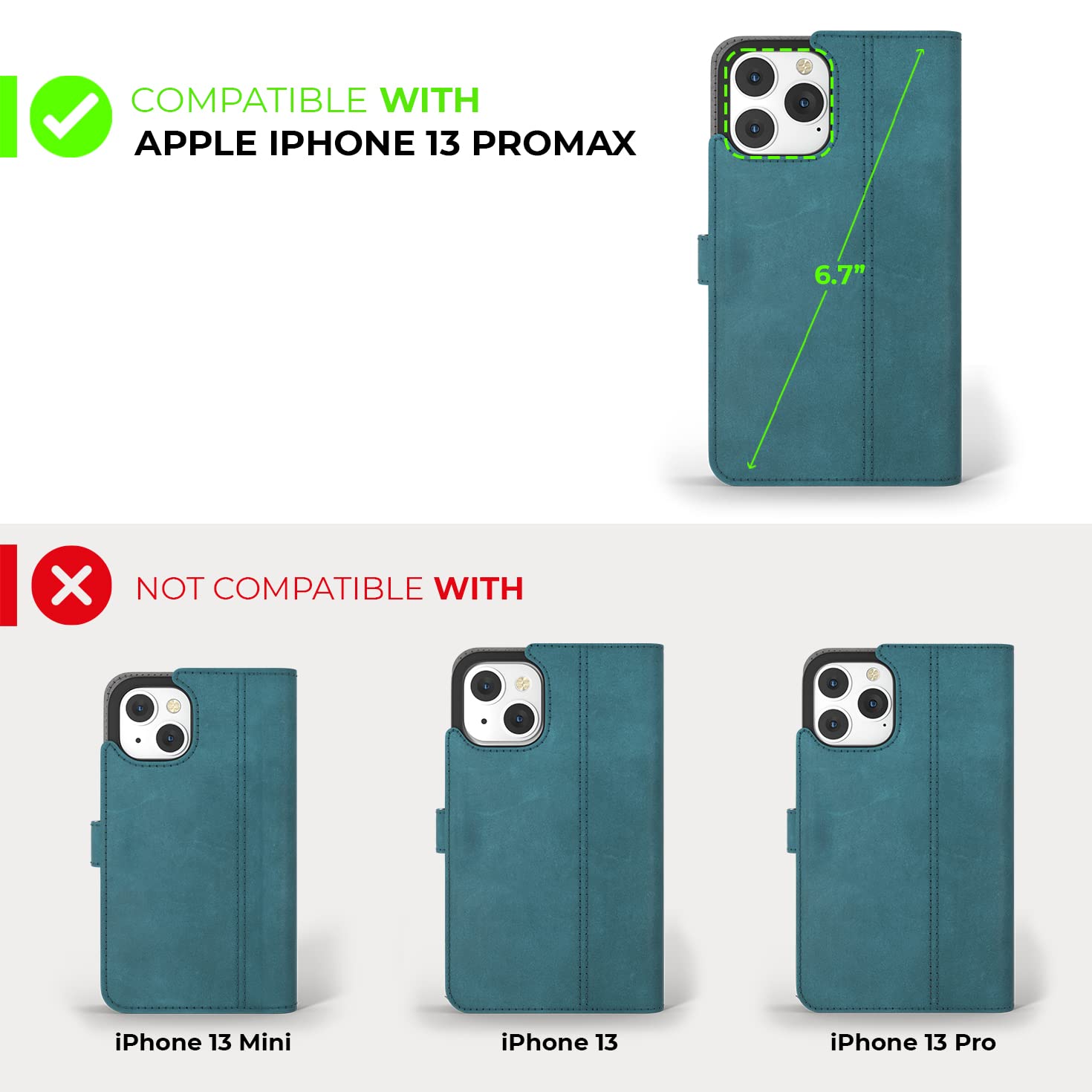 Premium Genuine Leather iPhone 13 Pro Max Wallet Case with Card Holder & Stand - Flip Folio Cover for iPhone 13 Pro Max (Teal) | Perfect for Business, Travel & Everyday Protection