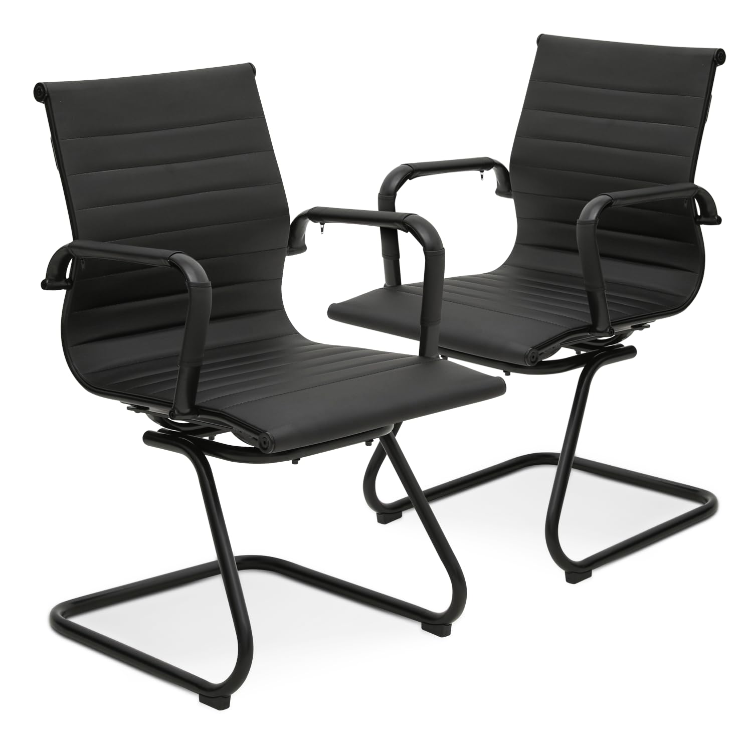 Magshion Office Reception Guest Chair - No Wheels, Mid Back PU Leather Waiting Room Chair with Metal Leg Sled Base & Arms for Conference Room, Hotel Lobby, Clinic Waiting Area - Black (2 Pack)