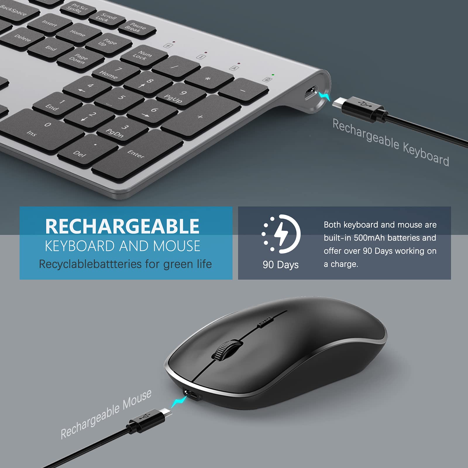 Rechargeable Wireless Keyboard and Mouse Combo - J JOYACCESS 2.4G Full-Size Slim Keyboard with Ergonomic Mouse | Long Battery Life | Compact Design for Laptop, PC, Desktop (Windows/Mac) | Black & Grey | Perfect for Office Work, Gaming, and Home Computing