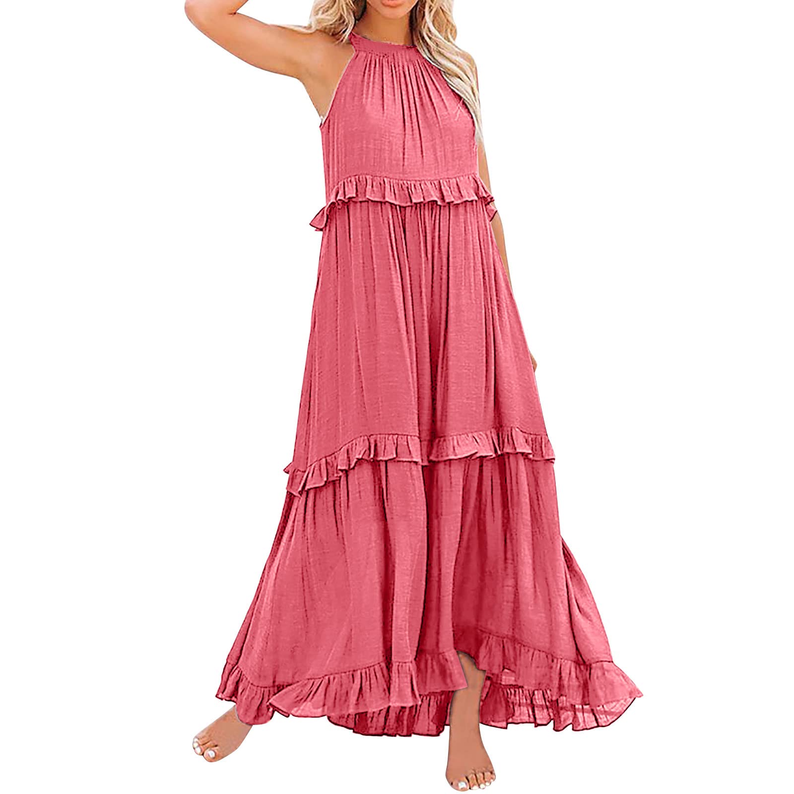 Women's High Neck Ruffle Tiered Maxi Dress - Boho Beach Sundress with Pleated Layered Design for Spring 2025 | Perfect for Vacations, Summer Outings & Casual Wear