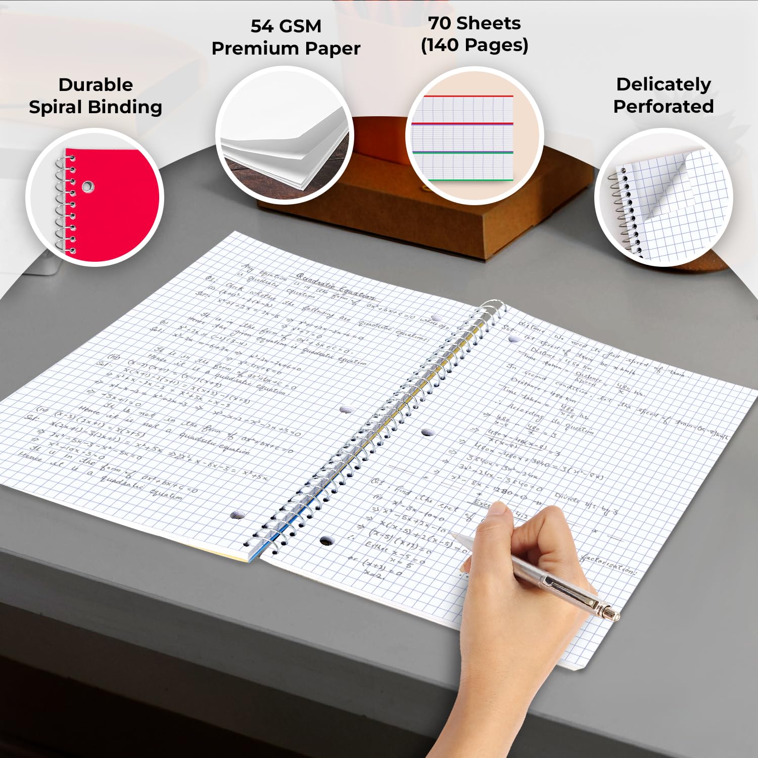 24 Pack 8 x 10.5 Inch 4x4 Grid Spiral Notebooks - 70 Sheets (140 Pages) Single Subject Quad Ruled 3-Hole Punched Graph Paper Notebooks for School, Office & College Note Taking - Bulk Spiral Bound Notebooks for Math, Science & Engineering Students