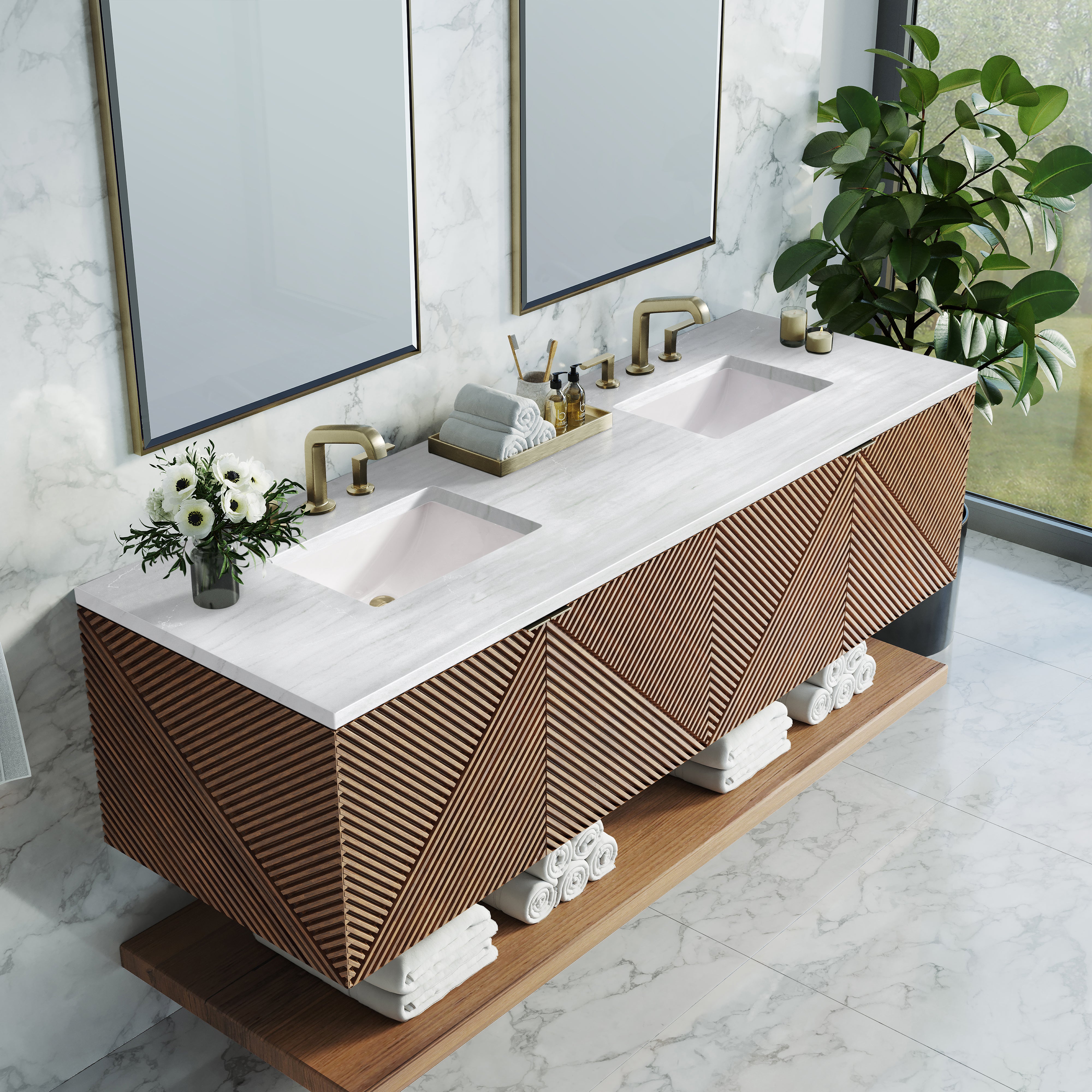 Marcello 72 Inch Double Vanity with 3CM Arctic Fall Top in Chestnut - Perfect for Modern Bathroom Renovations and Master Suite Upgrades