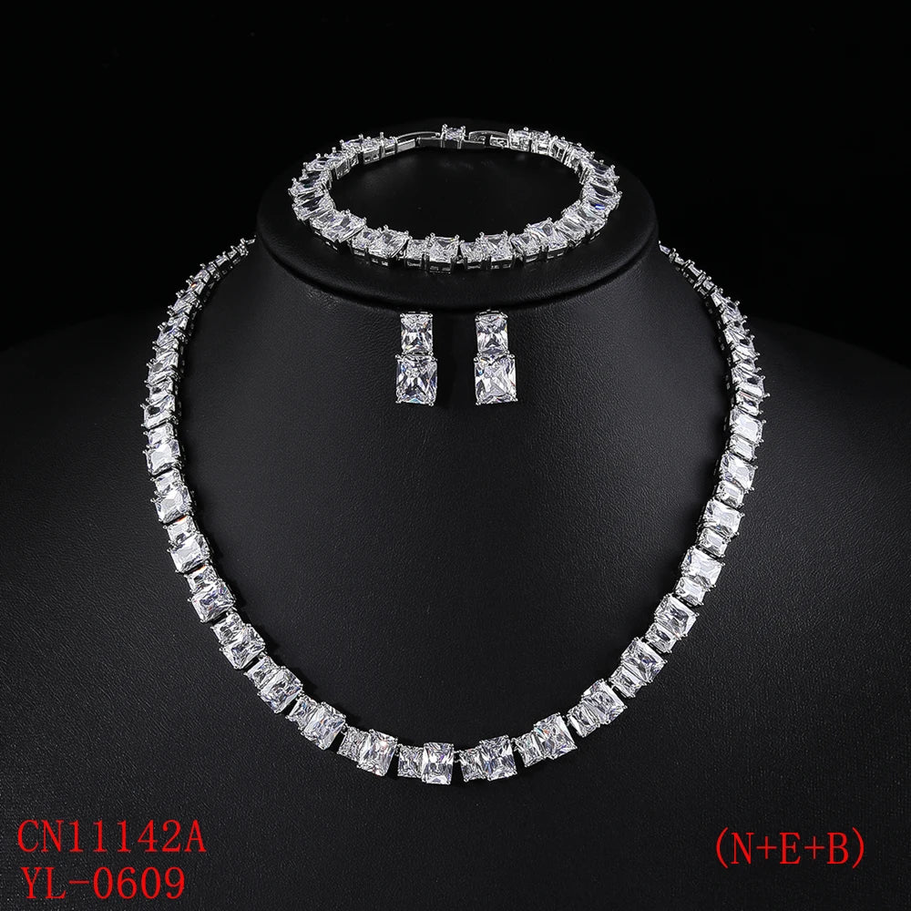 Luxury Cubic Zirconia Square Jewelry Set for Women - Necklace, Earrings & Bracelet 3-Piece Bridal Wedding Jewelry Accessories | Perfect for Weddings, Anniversaries and Special Occasions
