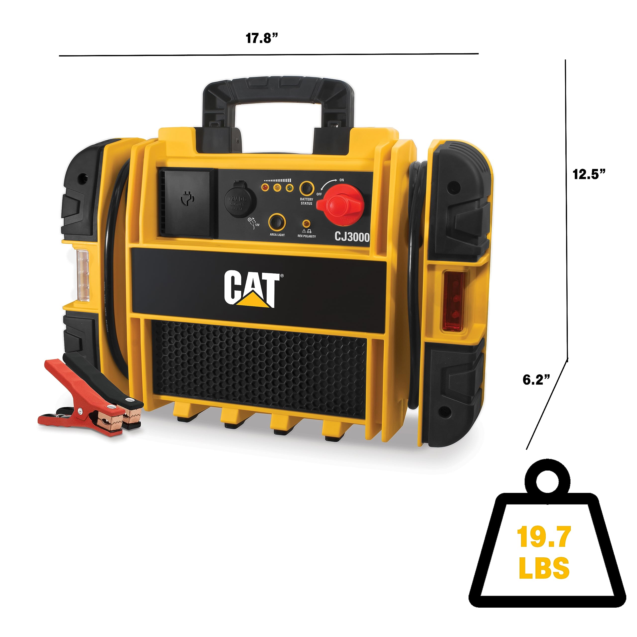 CAT CJ3000 Professional 2000A Peak Jump Starter - Portable Car Battery Booster with Built-In Power Switch & Heavy-Duty Clamps (Yellow) - Emergency Vehicle Rescue, Roadside Assistance, Truck & SUV Power Boost