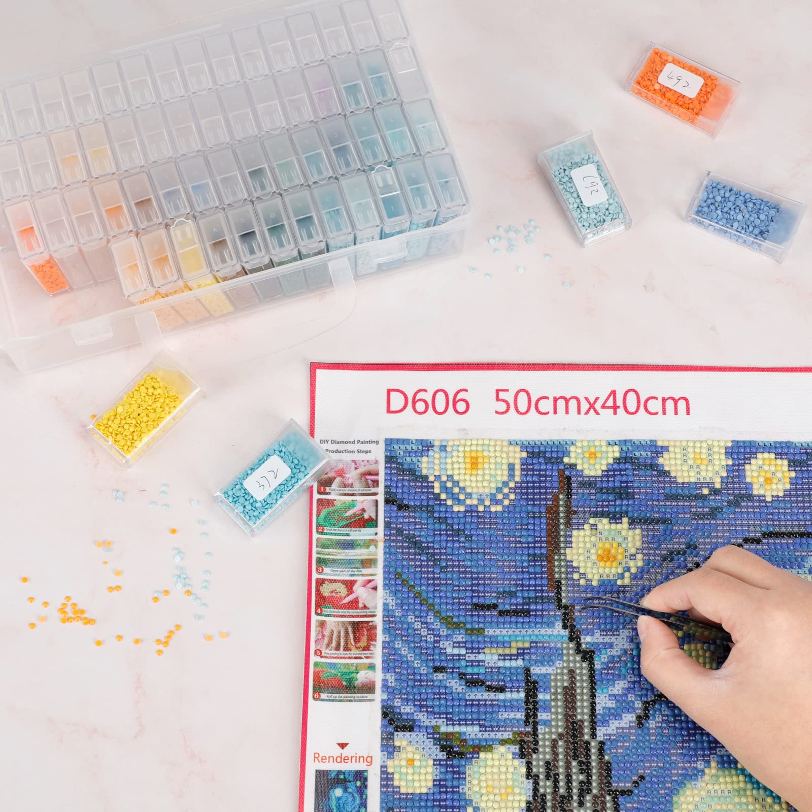 64 Grid Diamond Painting Storage Box with Adjustable Dividers - Bead Organizer for DIY Crafts, Jewelry Making & Art Supplies - Portable Plastic Container with Label Stickers | Perfect for Diamond Art Kits, Scrapbooking & Home Organization