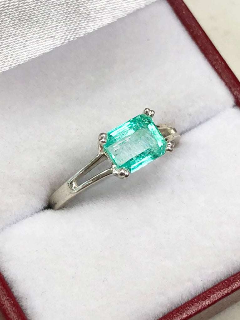 1.25 Carat Emerald Cut East-West Emerald Ring in 925 Sterling Silver - Four Prong Double Shank Design for Engagement, Wedding, or Anniversary Gift