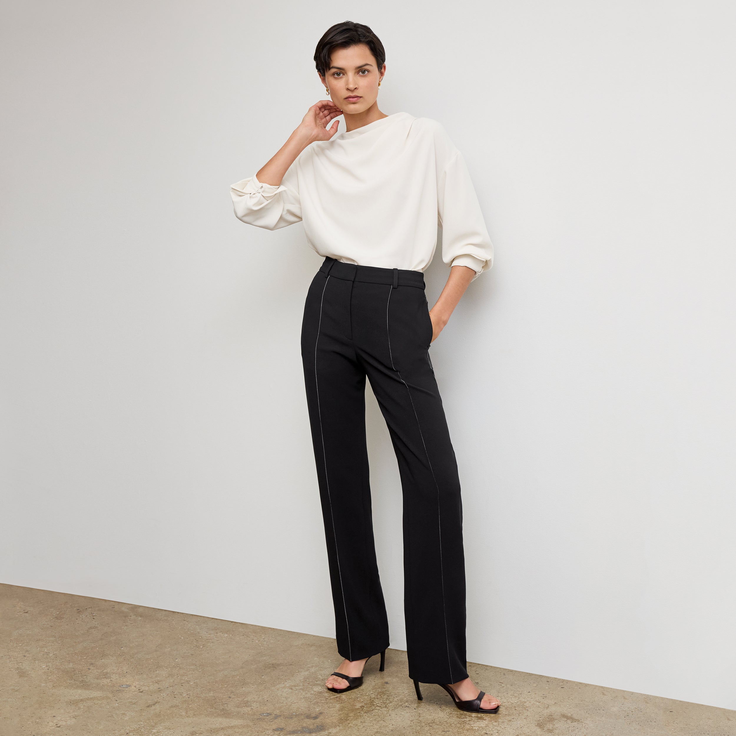 Lowen Jetset Pant - Everyday Stretch Crepe Pants with Topstitch Detail in Black | Comfortable Work Pants & Travel Pants for Women