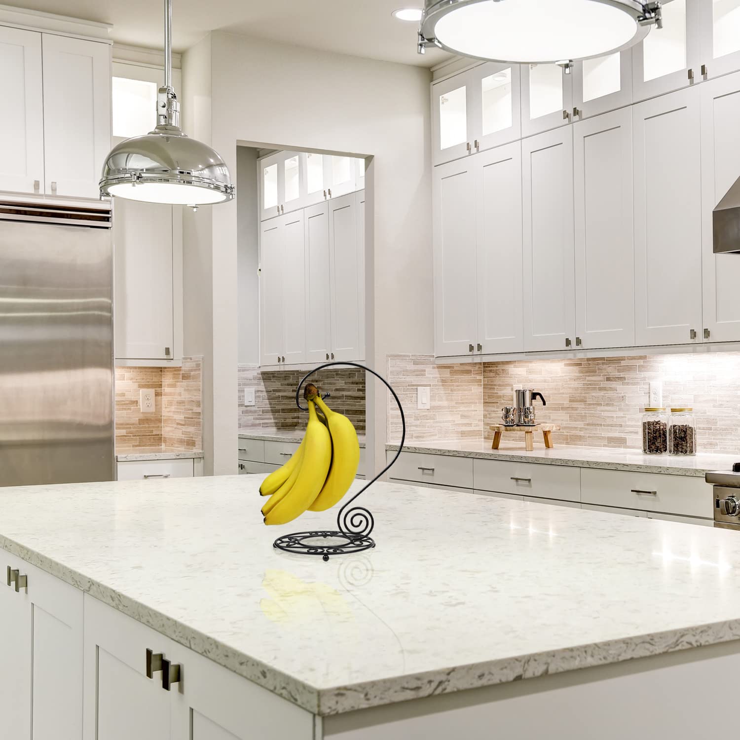 Blue Donut Banana Hanger - Farmhouse Kitchen Countertop Banana Holder Stand with Hook, Durable Black Banana Tree for Organizing Fruits - Perfect for Kitchen, Dining Room, and Pantry Storage