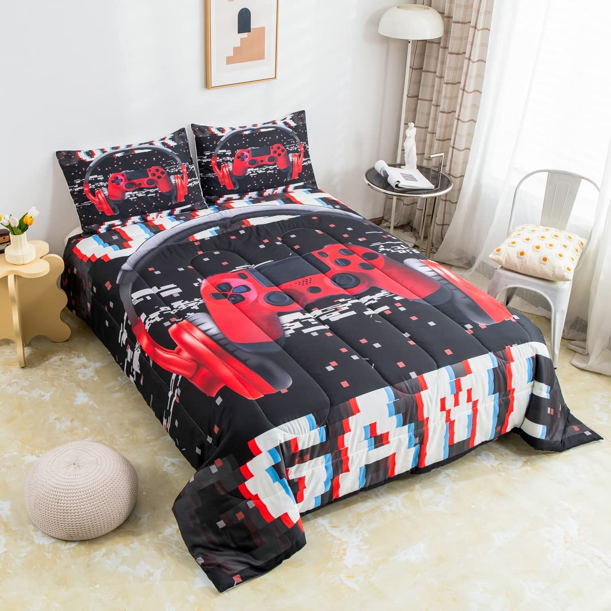 Erosebridal 4-Piece Red and Green Gaming Headset Comforter Set with Pillowcases - Soft Headphones & Gamepad Printed Bedding for Gamers - Perfect for Gaming Rooms, Dorm Decor, and Gamer Gifts