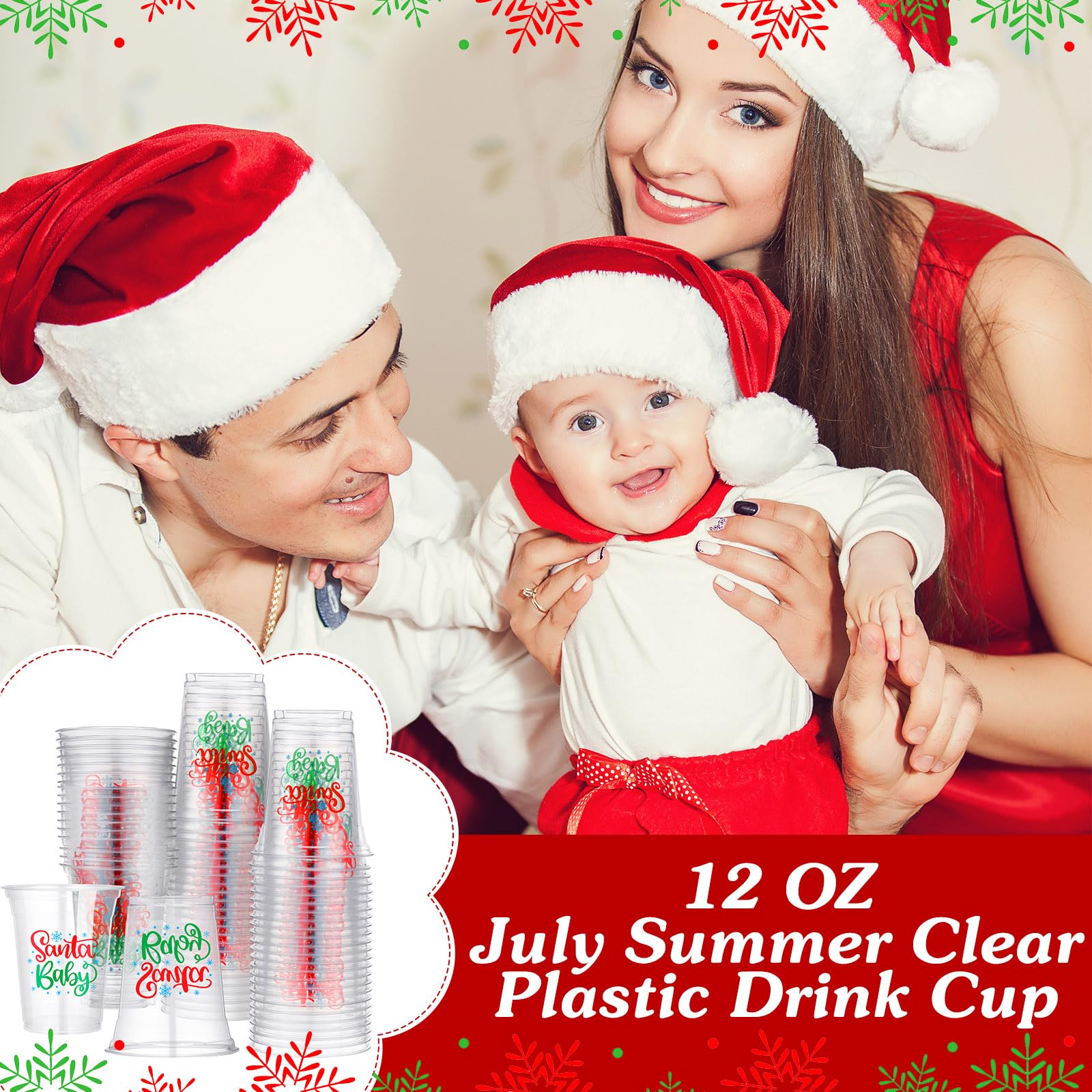 50 Pack Santa Baby Shower Plastic Cups - 12oz Clear Christmas Party Supplies for Holiday Celebrations, Baby Showers & Festive Gatherings