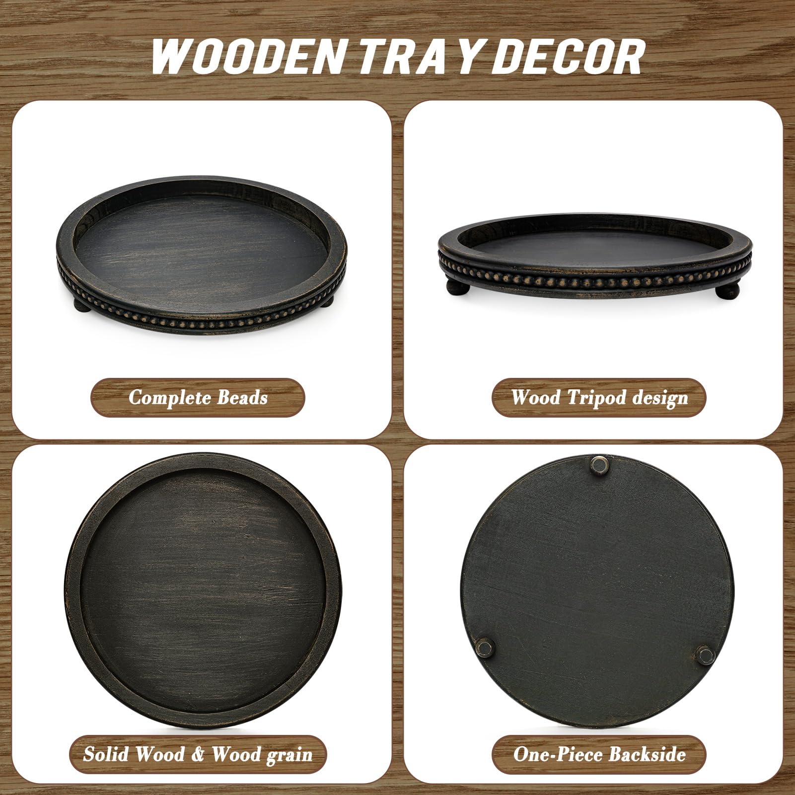 KULEDM Black Round Wooden Tray with Beaded Design - Decorative Coffee Table Tray for Living Room, Dining Table & Entryway | Perfect for Serving Drinks, Displaying Decor & Organizing Essentials