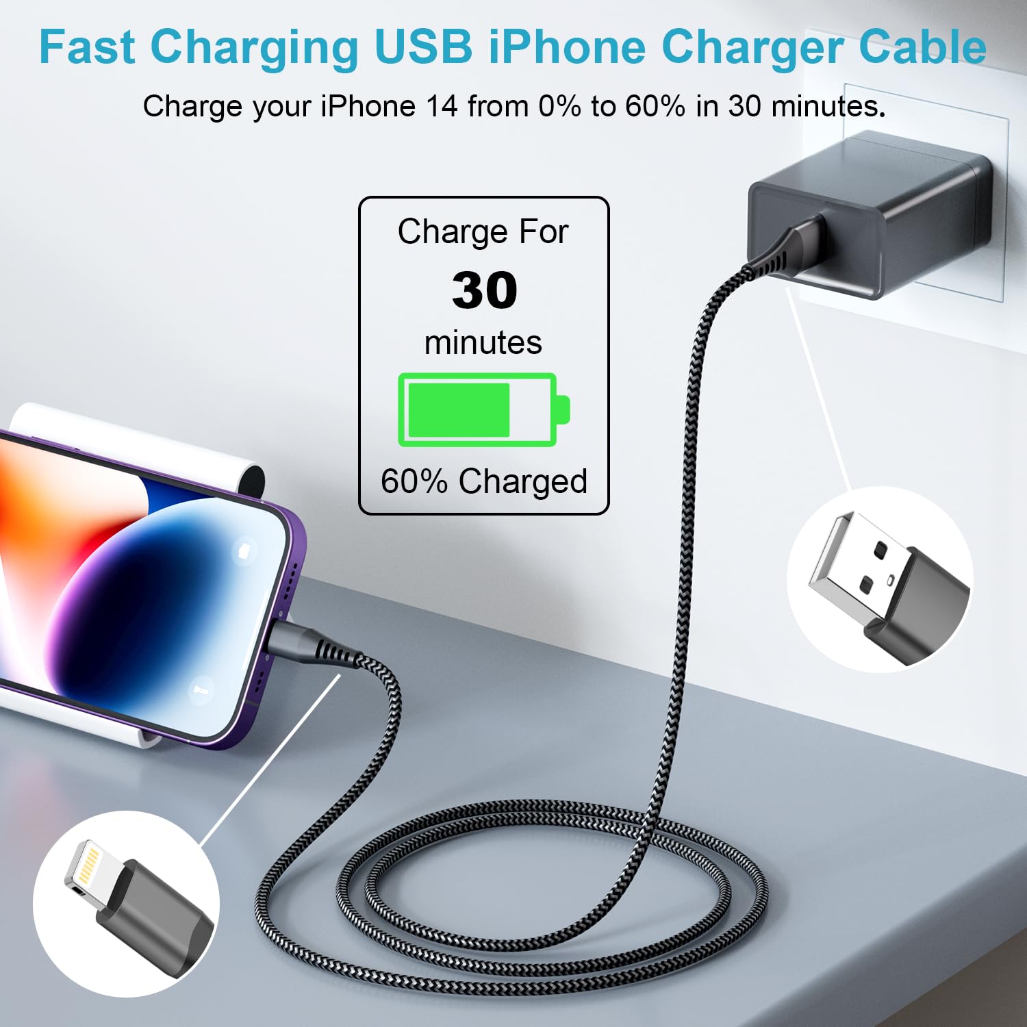 3-Pack Apple MFi Certified Lightning Cable 2M/6.6ft - Fast Charging Nylon Braided USB Cable for iPhone 14/13/12/11/XS/XR/X/8/7/6/SE/5S & iPad - Durable Long Charger Cord for Home, Office, Car & Travel