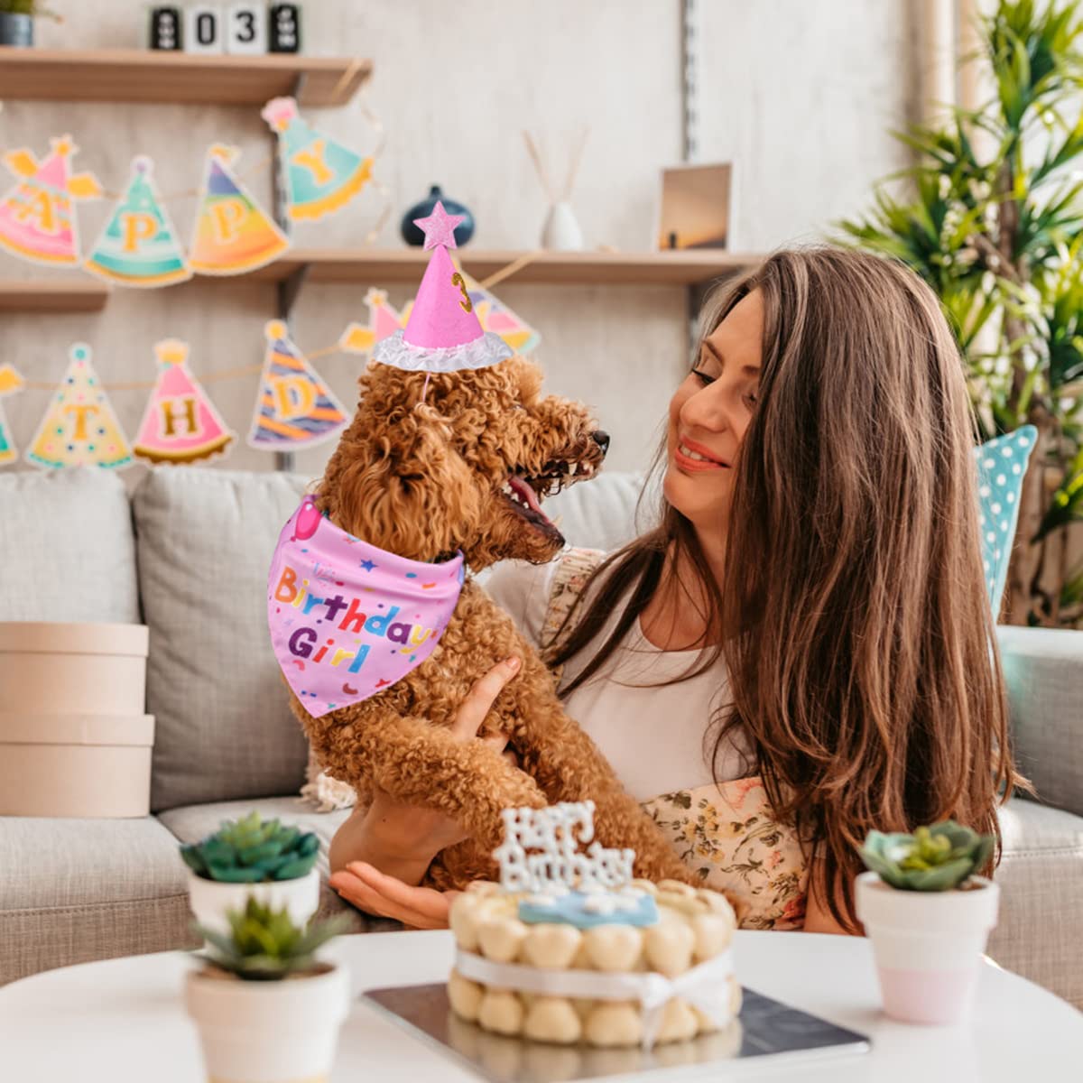 Dog Birthday Party Decorations - Adjustable Birthday Hat with Numbers & Cute Pink Bandana Set for Small, Medium, Large Dogs - Perfect Pet Supplies Gift for Puppy Birthday Celebrations