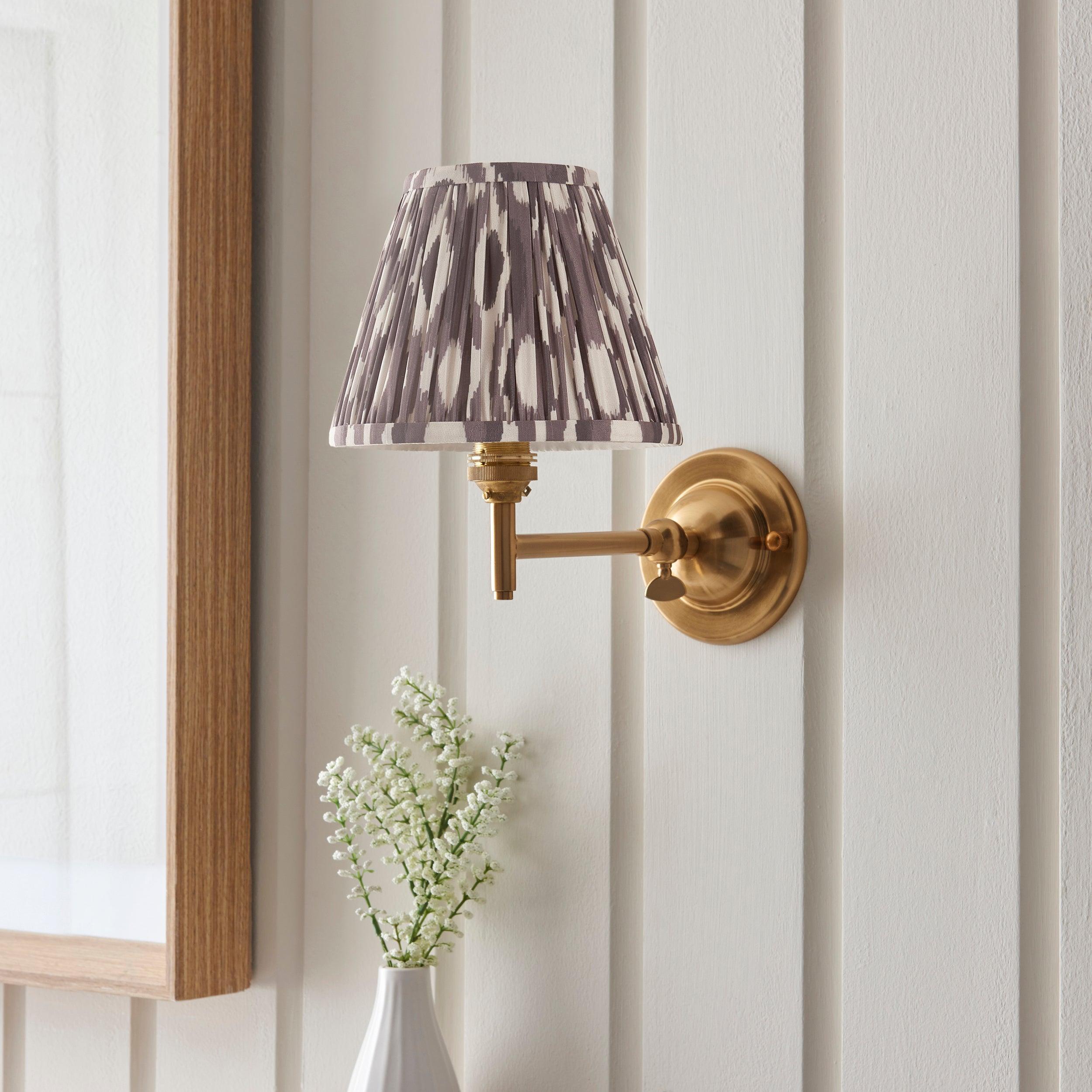 Brass Dome Fold Wall Light with Ikat Design & 16cm Pearl Grey Shade - Perfect for Bedroom, Living Room, and Hallway Lighting