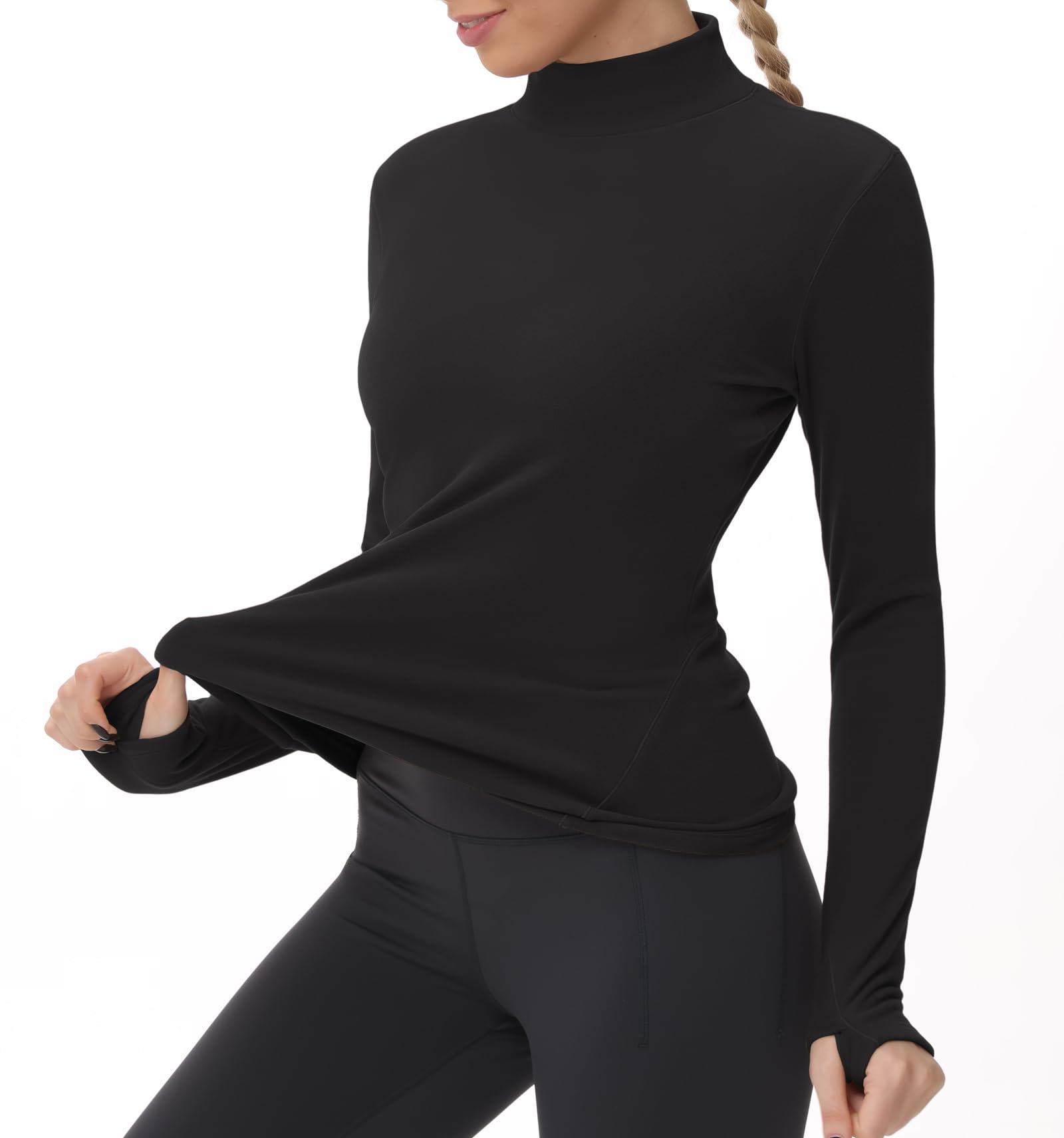 THE GYM PEOPLE Women's Fleece Mock Turtleneck Long Sleeve Thermal Shirt with Thumb Holes - Soft Workout Pullover for Yoga, Running & Cold Weather Layering