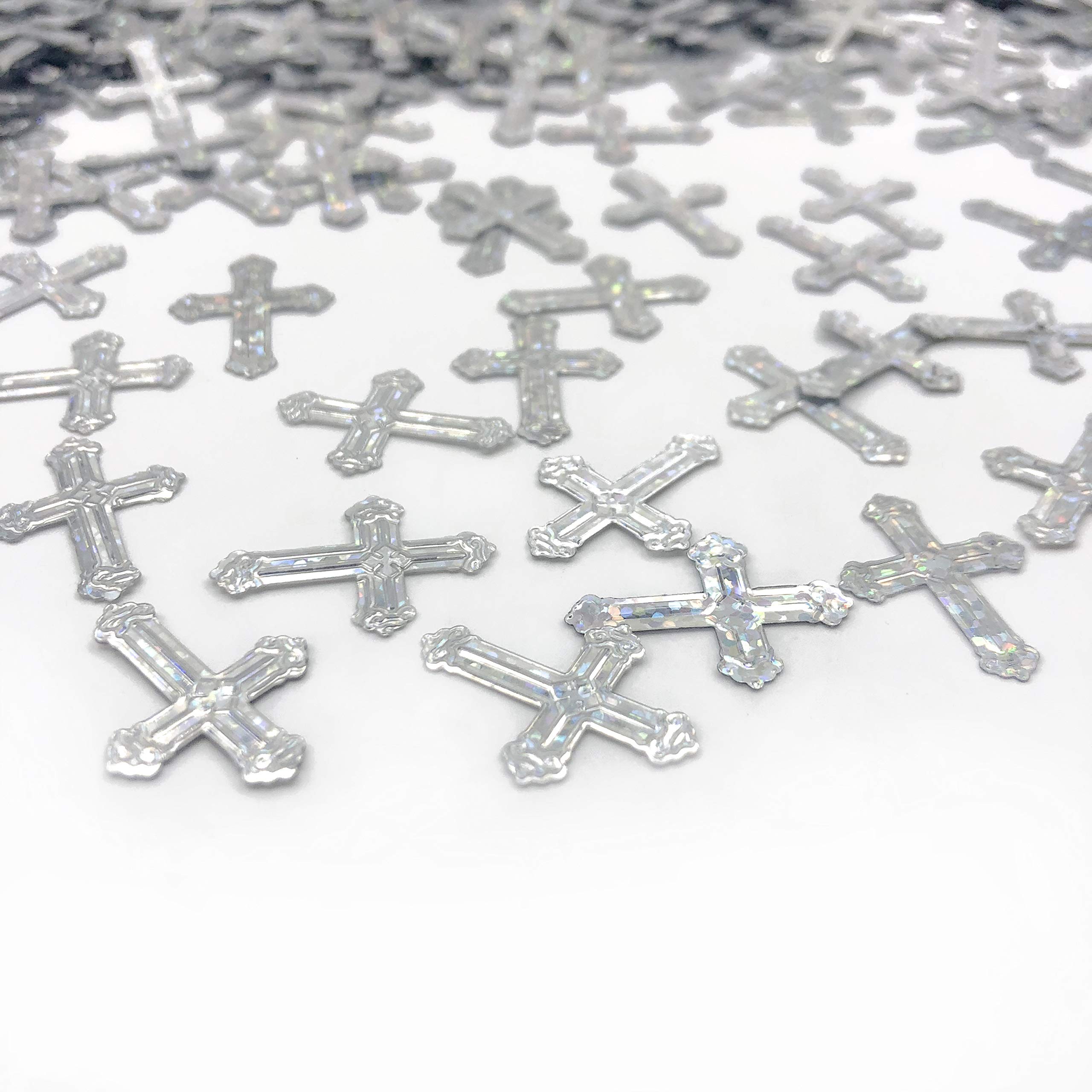 Religious Baptism Confetti - Iridescent Silver Cross Table Scatter for Christening, Thanksgiving, Birthday, Bachelorette, Wedding, Engagement, Bridal & Baby Showers, Bar Mitzvah Party Decorations - 1.5oz (1100 Pieces) - Perfect for Church Celebrations & Special Occasion Table Decor