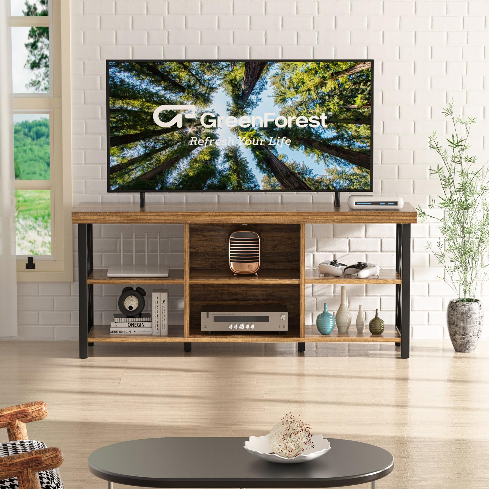 GreenForest 43.3 x 23.6 Inch Large Rustic Farmhouse Coffee Table with Storage Shelf & TV Stand - Holds 65 Inch TVs, Entertainment Center with 6 Storage Cabinets for Living Room (Walnut Finish) - Perfect for Family Gatherings & Movie Nights