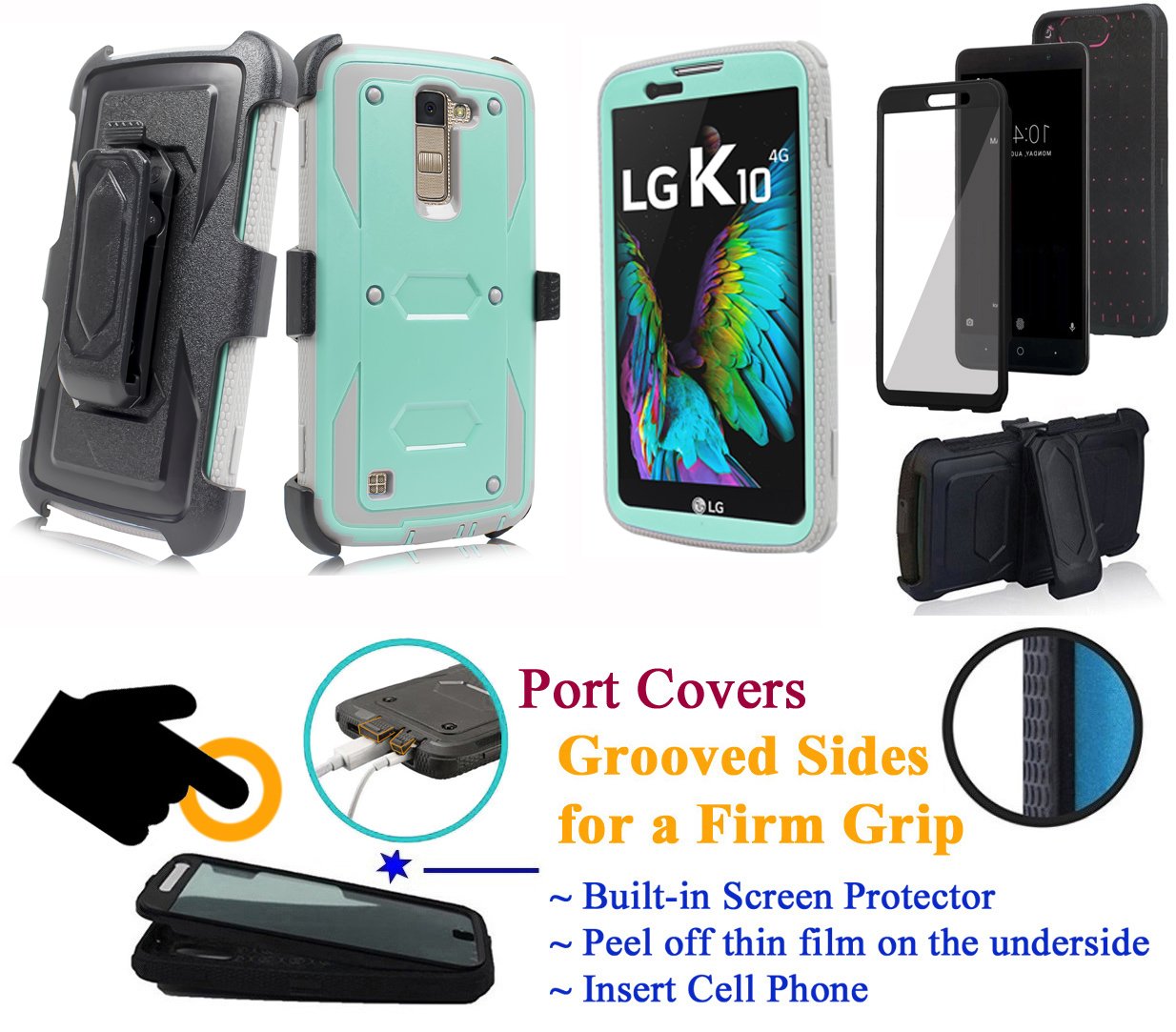 LG K10 2016 Premier LTE Case - 360° Rotating Holster with Screen Protector, Kickstand, Armor Layers, Grip Sides & Shock Bumper (Teal Gray) - Perfect for Work, Travel & Outdoor Activities