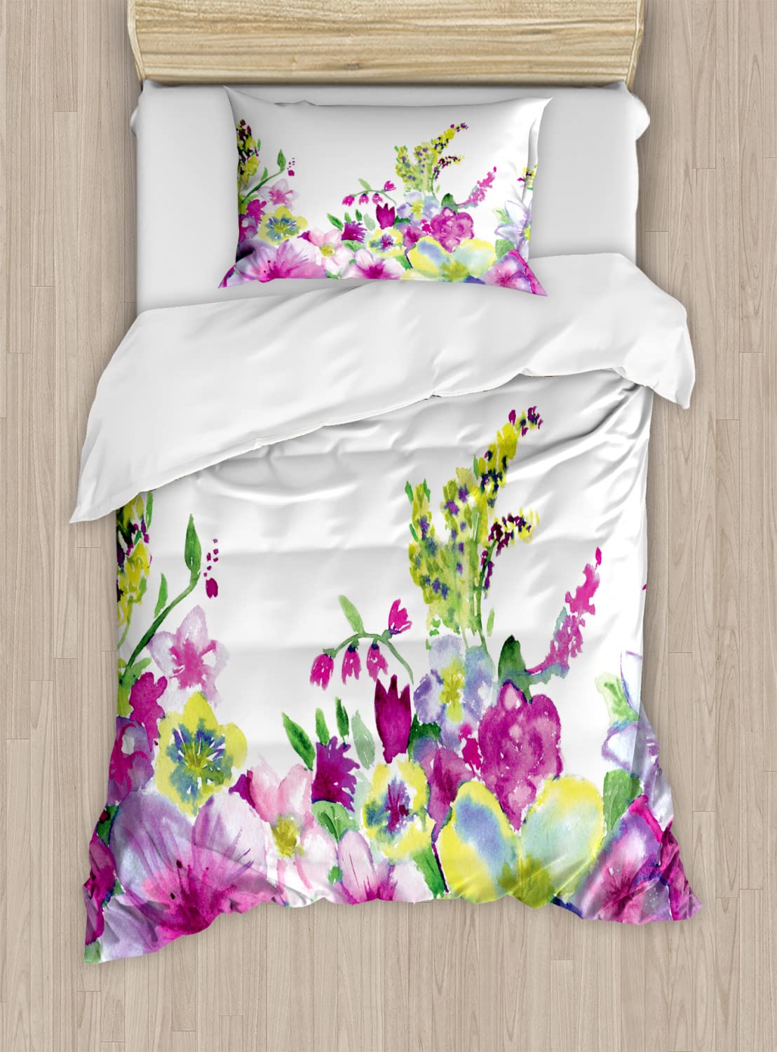 Ambesonne Watercolor Flower Duvet Cover Set - Twin Size 2-Pack with 2 Duvet Covers & 2 Pillowcases, Pink and Green Abstract Floral Design - Perfect for Bedroom Decor, Guest Room, and Dormitory Styling
