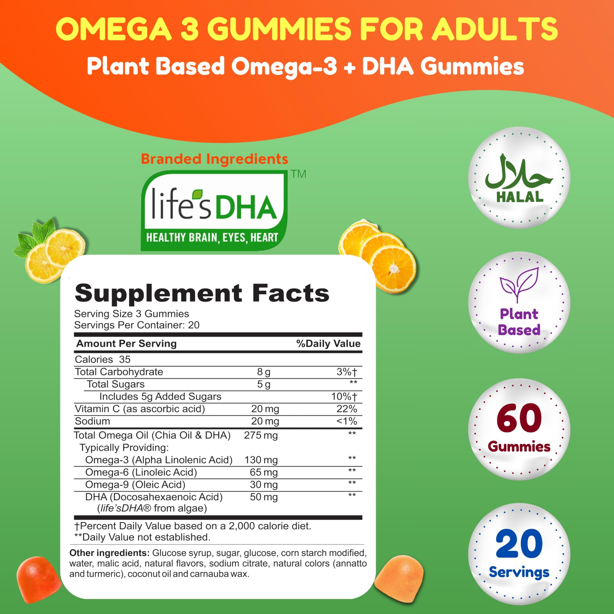 Vegan Omega 3 Gummies for Adults - Plant-Based with Chia & Algae Oil | 60 Count | Omega 3 6 9 with DHA & Vitamin C | No Fish Oil Burps | Supports Brain, Heart & Immune Health | Halal Certified | Perfect for Daily Wellness & On-the-Go Nutrition