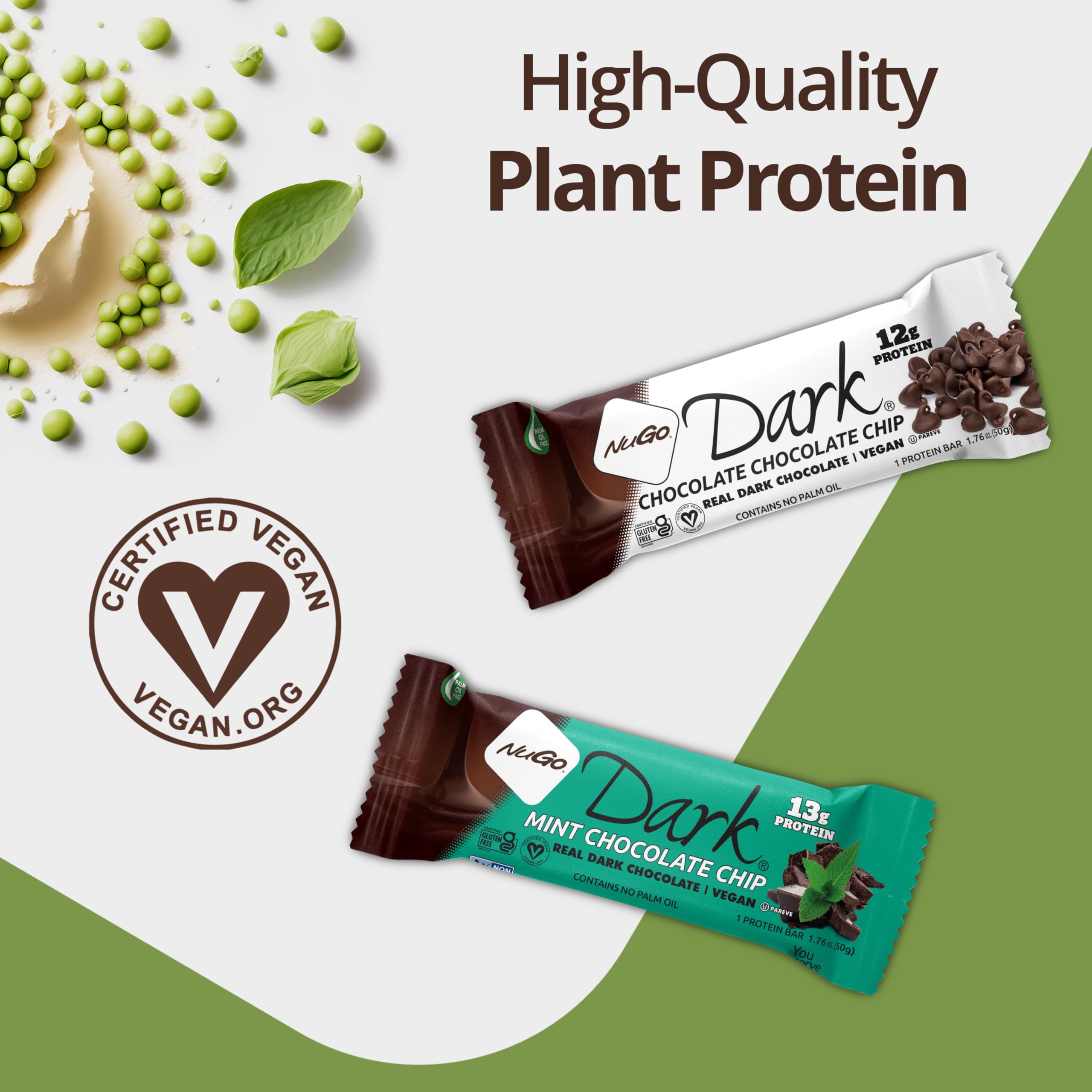 NuGo Dark Chocolate Chocolate Chip Protein Bar - 12g Vegan Protein, 200 Calories, Gluten Free, 24 Count - Perfect for Post-Workout Recovery & Healthy Snacking