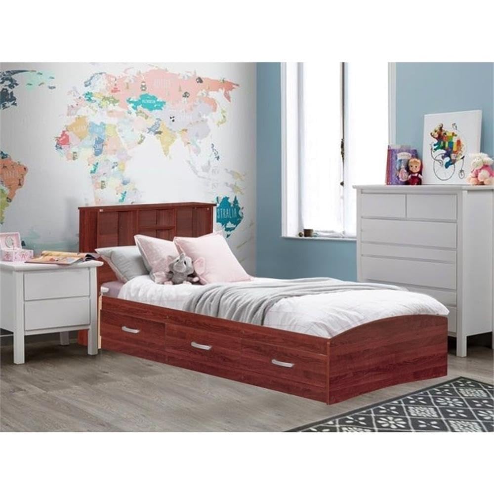 Pemberly Row Modern Wooden Twin Size Captains Bed with Storage Drawers in Rich Mahogany Finish - Perfect for Kids Rooms, Guest Bedrooms & Small Space Living
