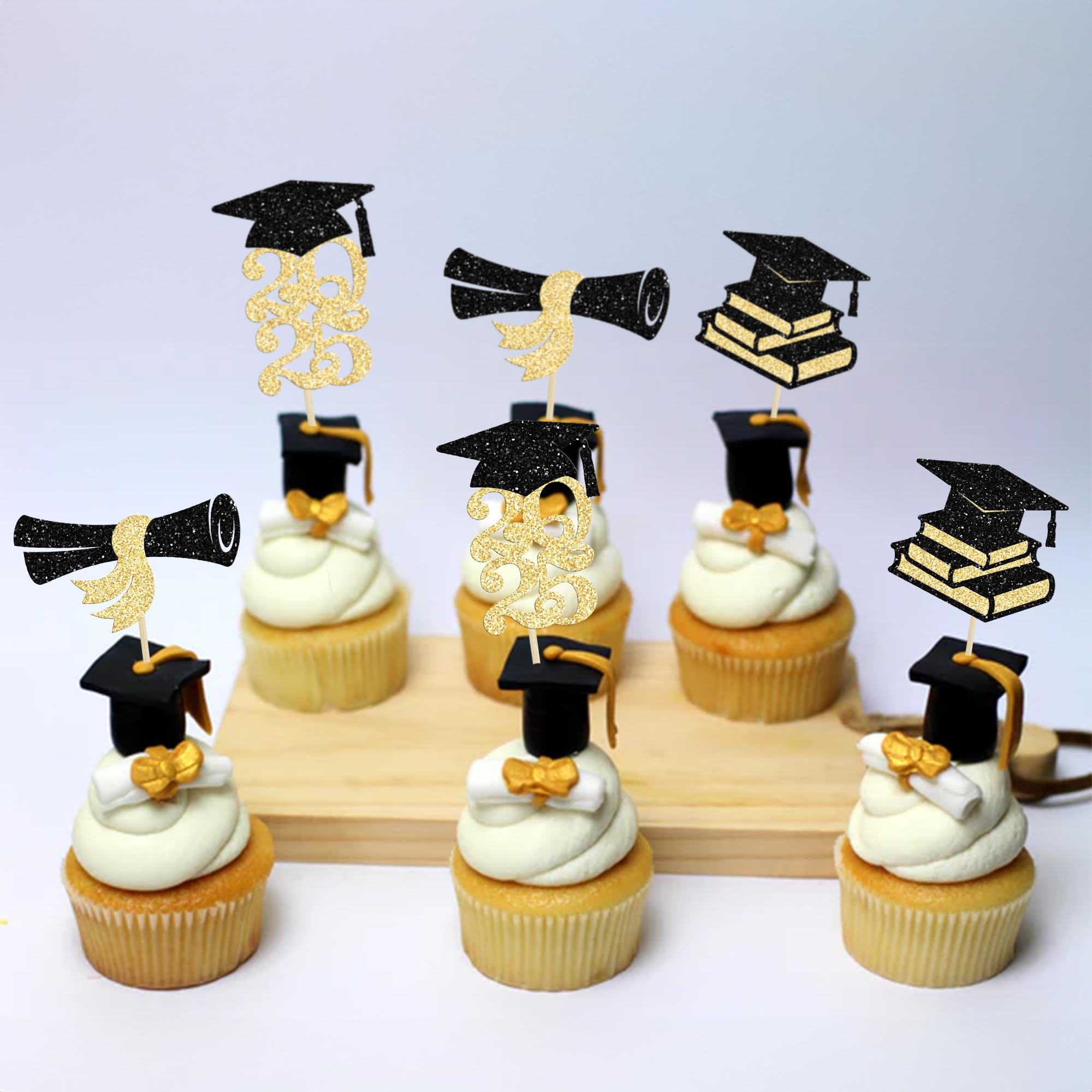 Ephlyn 24Pcs 2025 Graduation Cupcake Toppers - Glitter Diploma & Grad Cap Cake Decorations for Class of 2025 Party Supplies (Black & Gold) | Perfect for Graduation Celebrations, School Parties & Dessert Table Decor