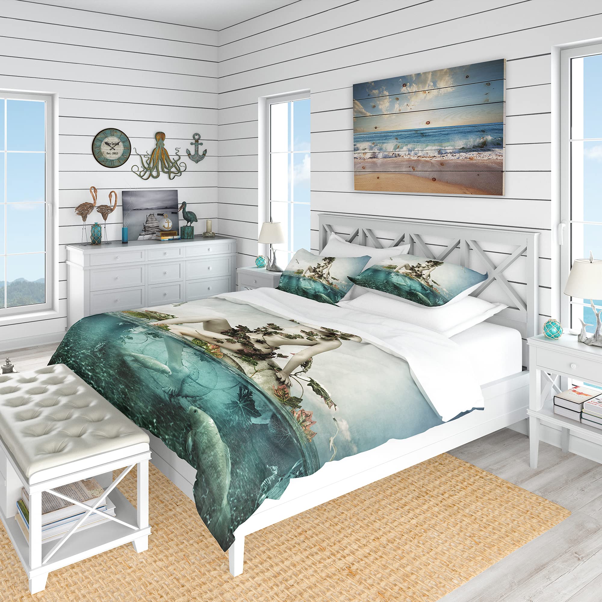 DesignQ Woman of The Sea Traditional Blue Duvet Cover Set King Size - 3 Piece Romantic Bedding Set for All Seasons | Perfect for Coastal Themed Bedrooms & Guest Room Decor