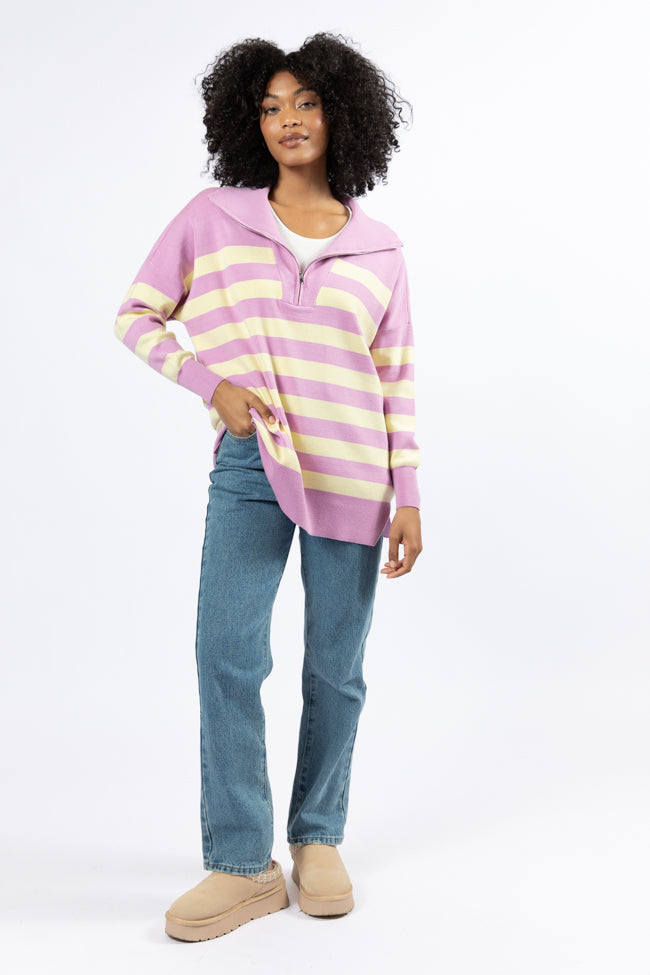 Stylish Purple and Yellow Striped Quarter Zip Pullover for Men & Women | Cozy Casual Wear for Fall & Winter | Perfect for Outdoor Activities and Layering